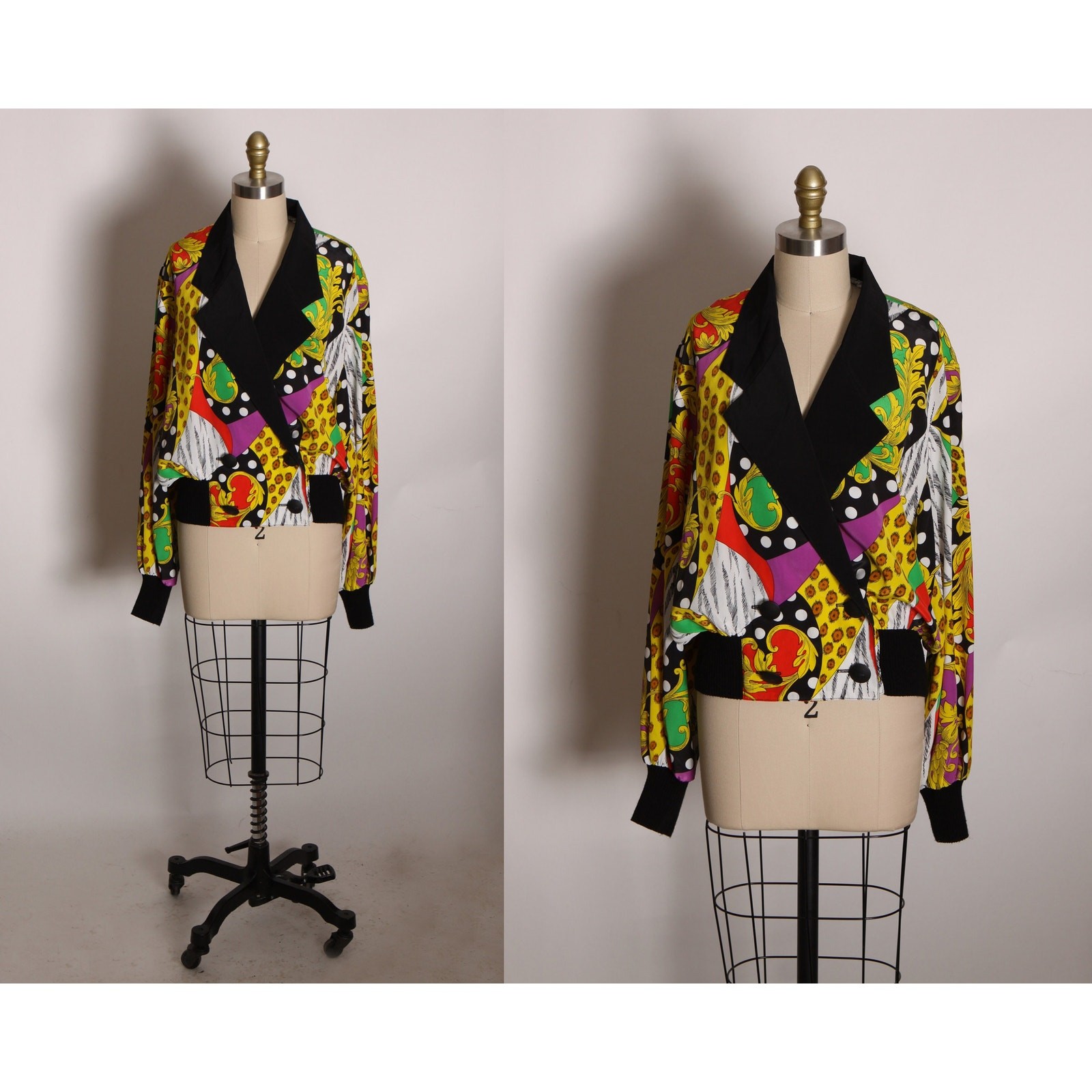 1980s Multi-Colored Long Sleeve Abstract Geometric Blouse by Caron