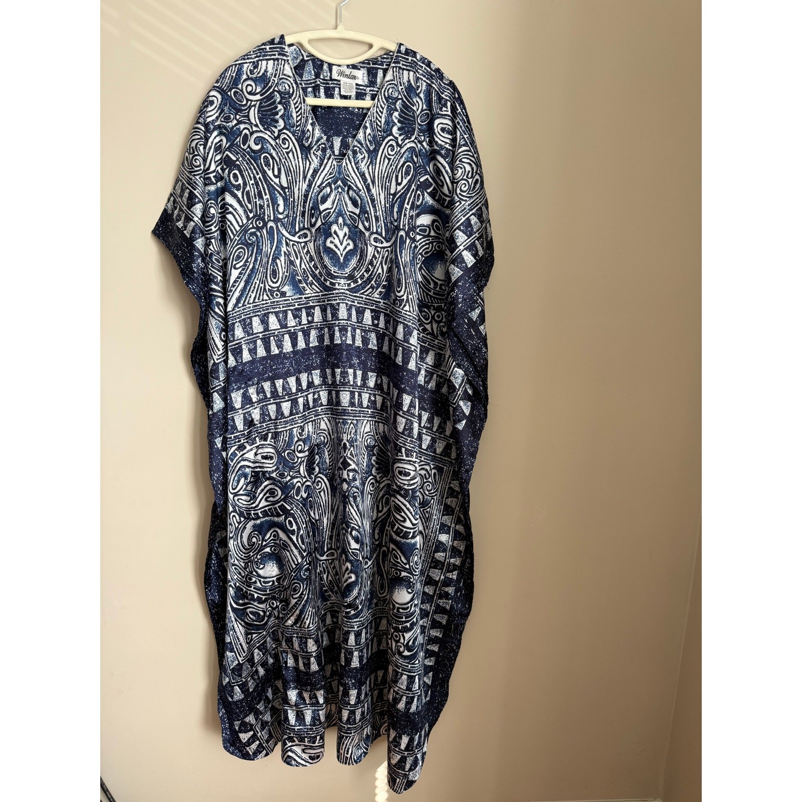 Vintage 80s Navy Baroque Print Kaftan Maxi OSFM Resort Goddess