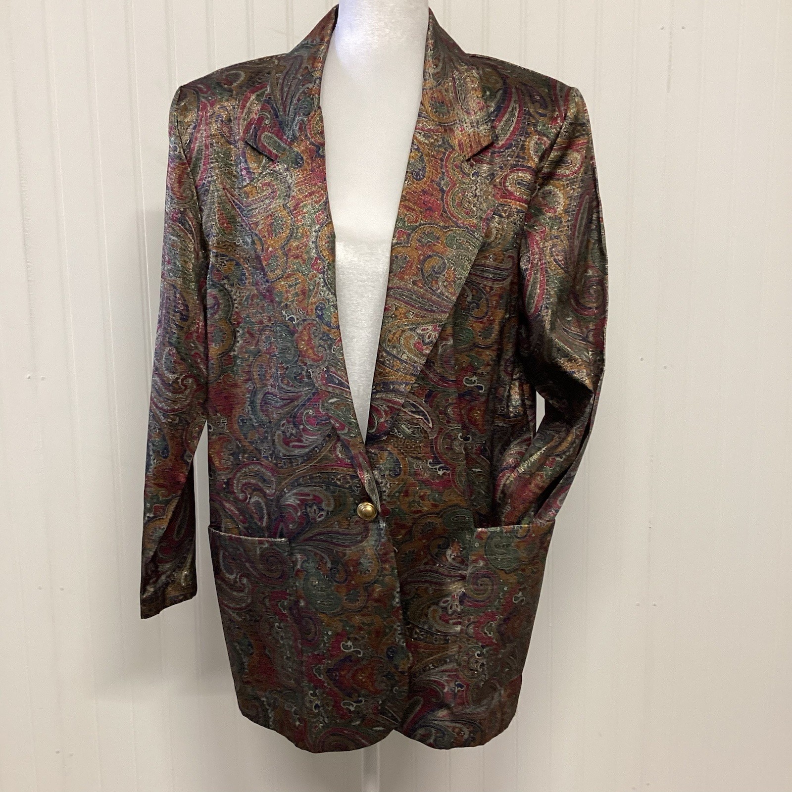 VTG Claude 80’s Print Blazer/Pocket Sz W 10 Funky Paisley Boho Y2K Metalic Rock
