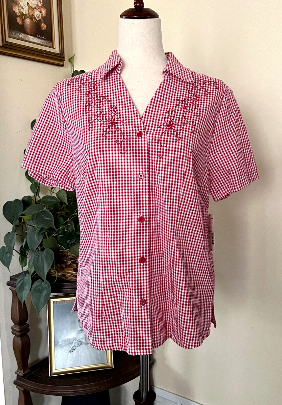 Classic Elements Vintage Red Seersucker Gingham Button Down Top sz M Deadstock