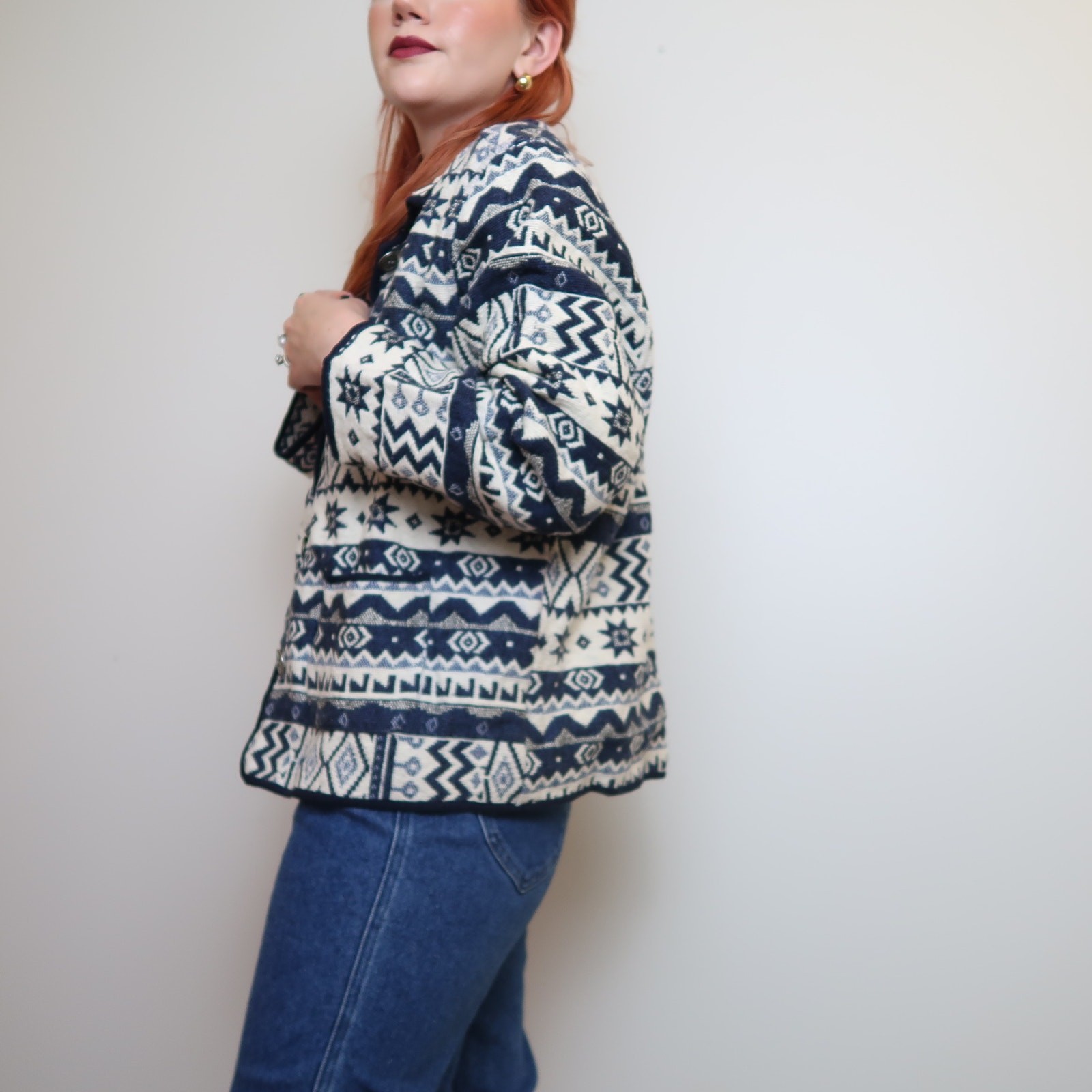 Vintage 90s blue and cream tapestry jacket coat 1X