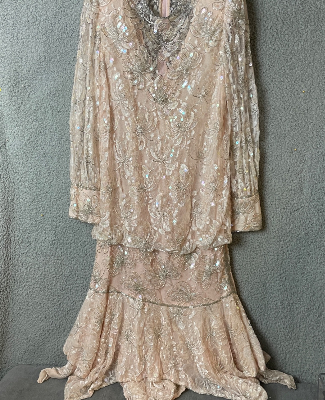 VTG Lillie Rubin Dress Womens S Pink Lace Silver Sequins Beads Blouson Flapper