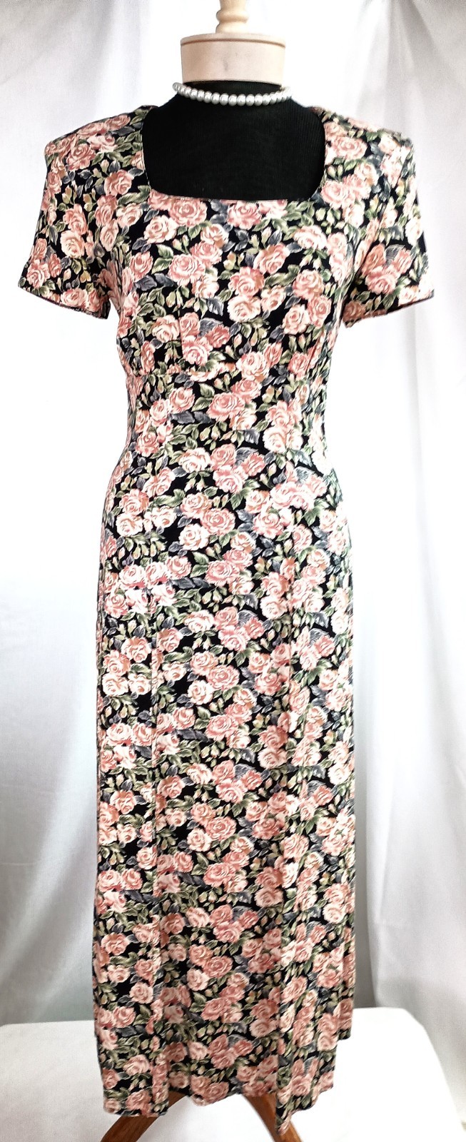 Vintage 90s Pink Rose Print Romantic Style Short Sleeve Rayon Midi Dress Size 9