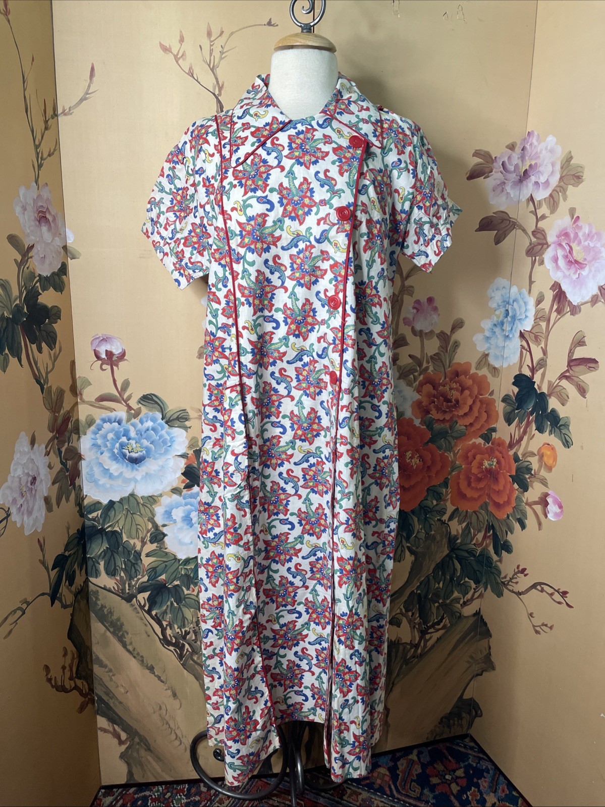 Vintage 1940s Floral Paisley Cotton House Day Dress Sz L/XL Majestic Wash Frocks