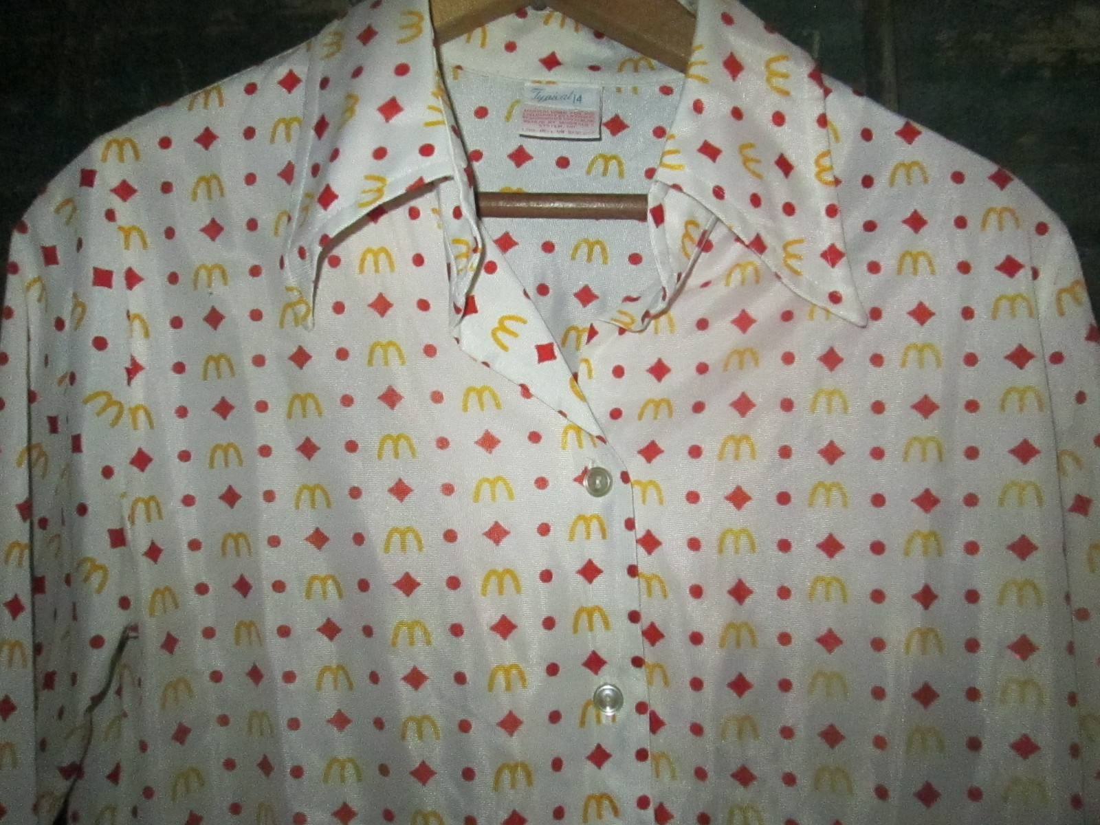 Ladies 14 M/L Vtg 1970s 1976 McDonald’s AOP Print all over employee disco shirt