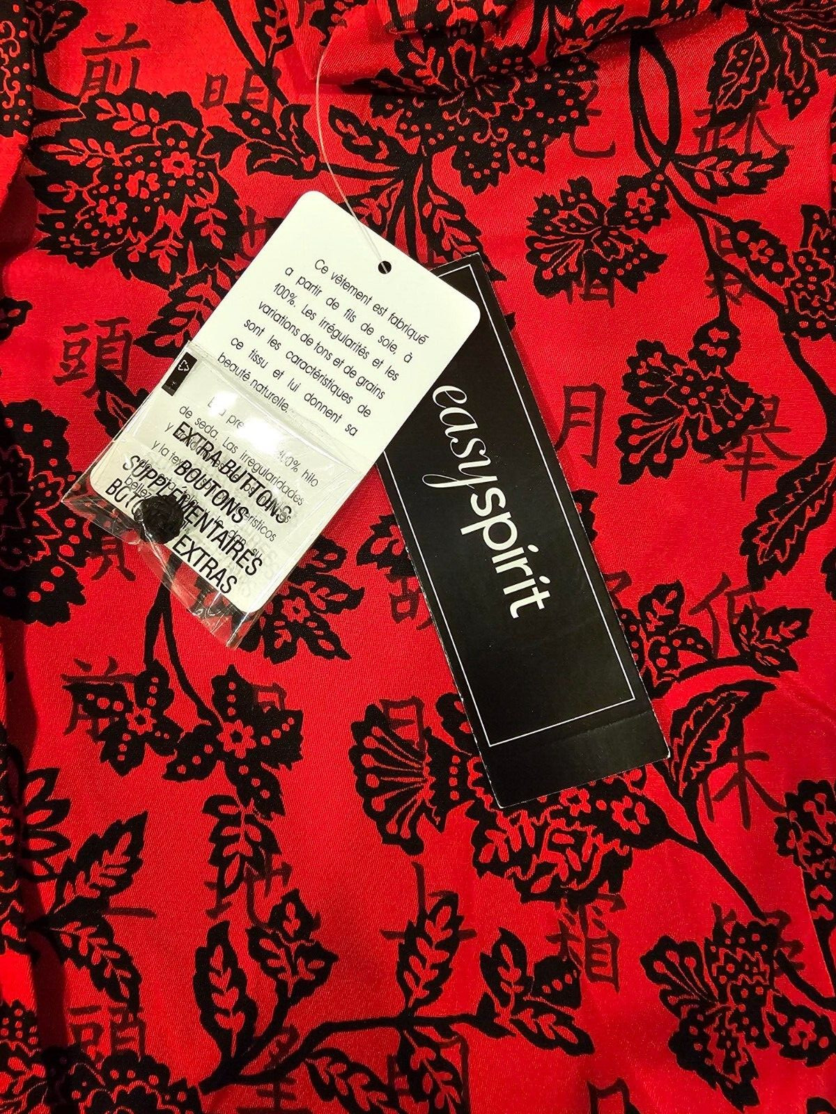 VINTAGE EASY SPIRIT SZ Large Red Asian Themed Floral BLOUSE 100% SILK NWT