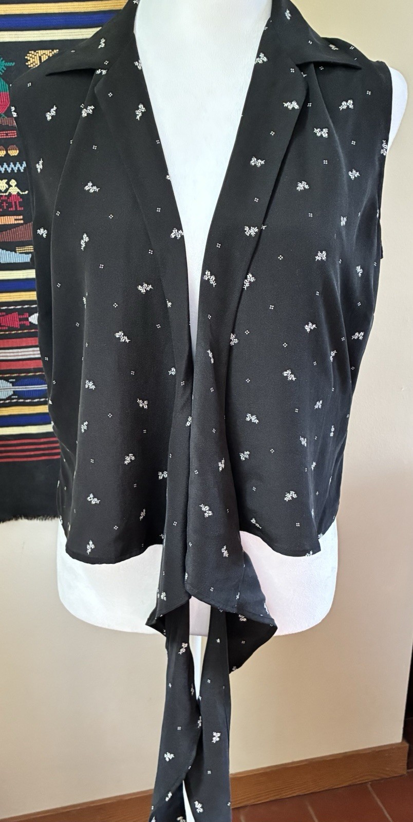 Vintage 90s Y2K Black Silk Collared Sleeveless Wrap Tie Shirt Blouse Career L