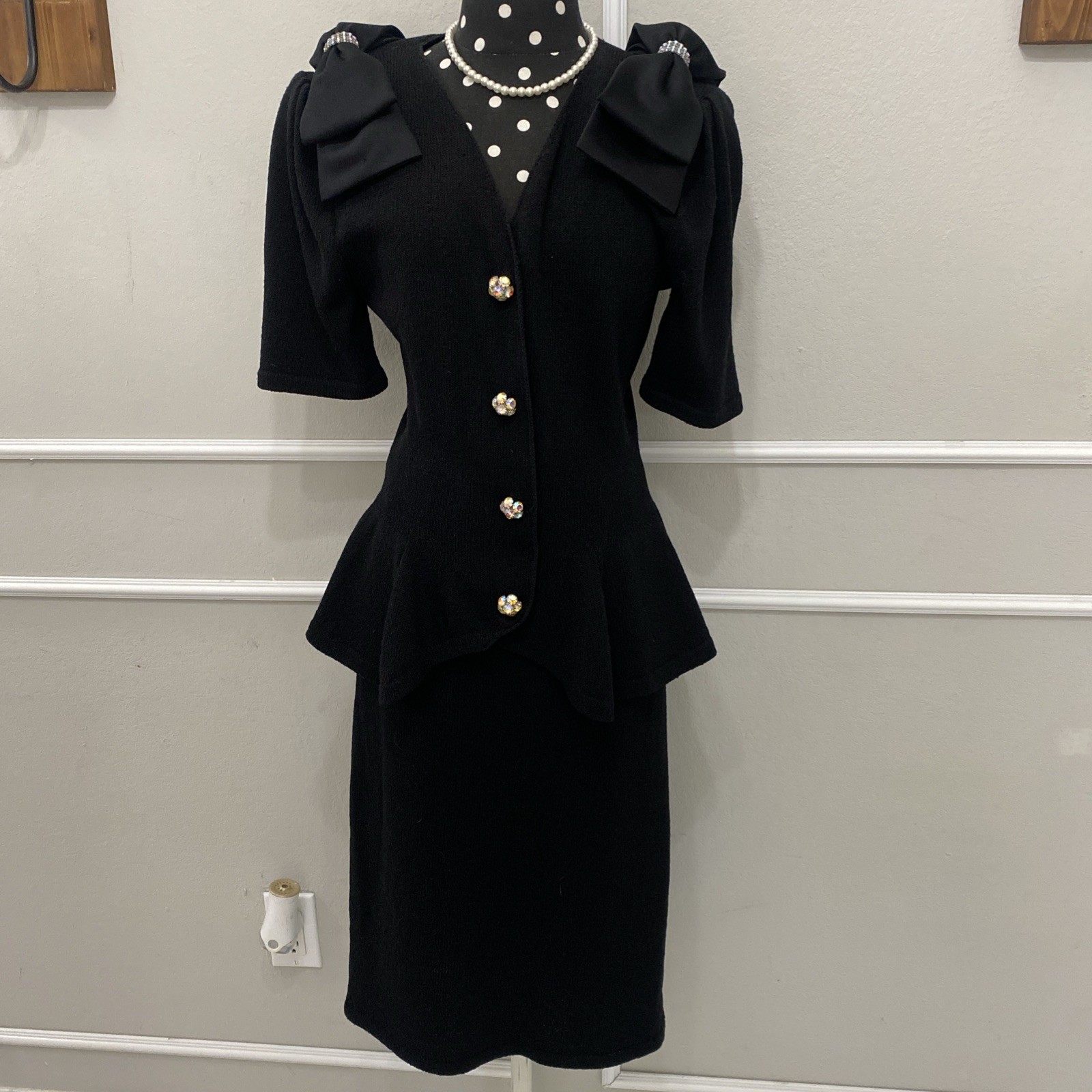 Vintage Adolfo For Saks Fifth Avenue Black Bow Top And Skirt Set Size 4
