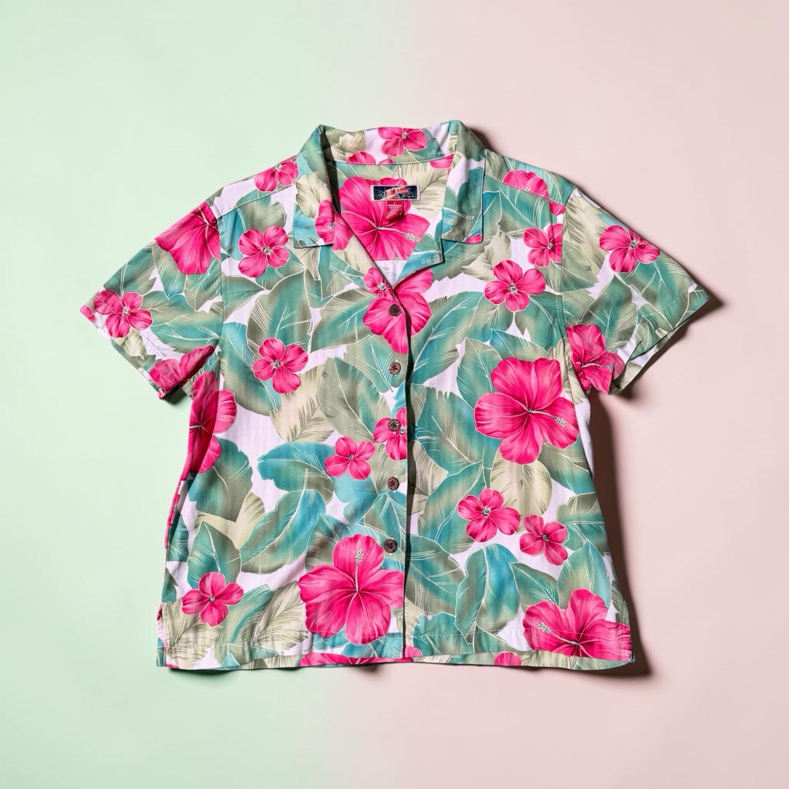 Vintage La Cabana Hawaiian Camp Shirt Womens Large Pink Hibiscus Floral Rayon