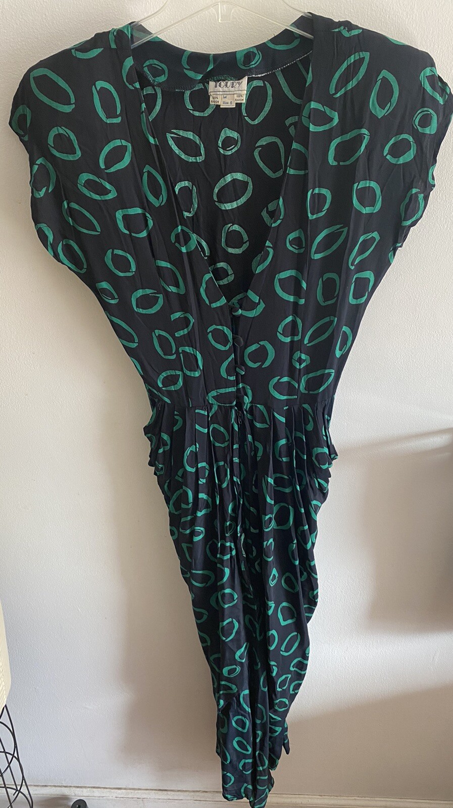 VTG 80’s Toury Dress Black Teal Geometric Overskirt SS Button, Zip Front 6 Rayon