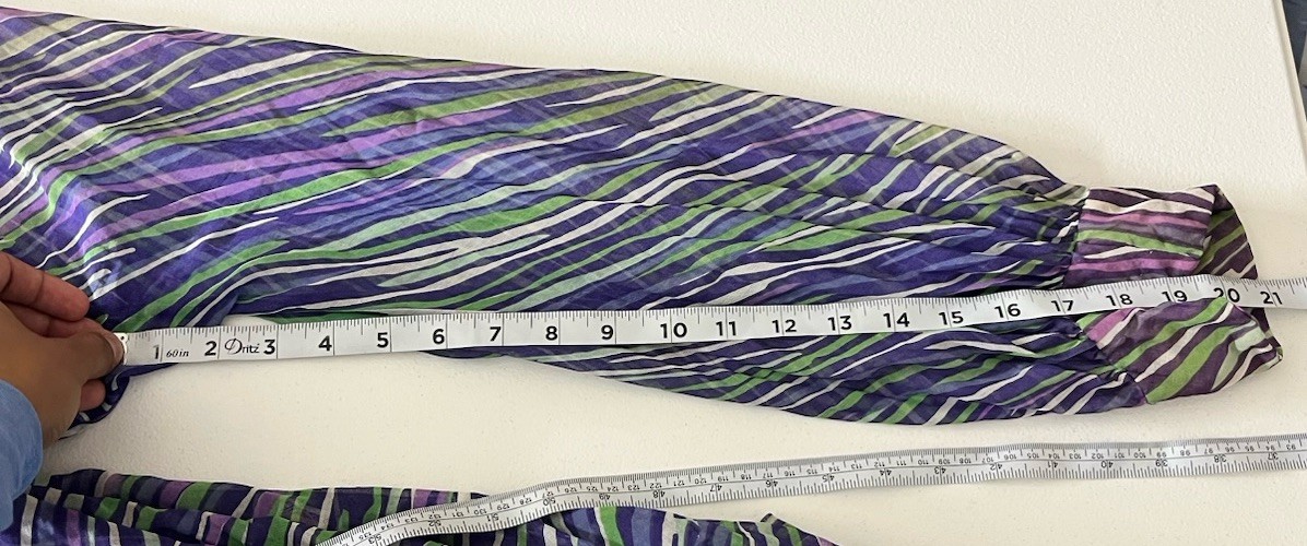VTG Pauline Trigere Chiffon Midi Dress Abstract Geometric Wave Print 70s *NOTE