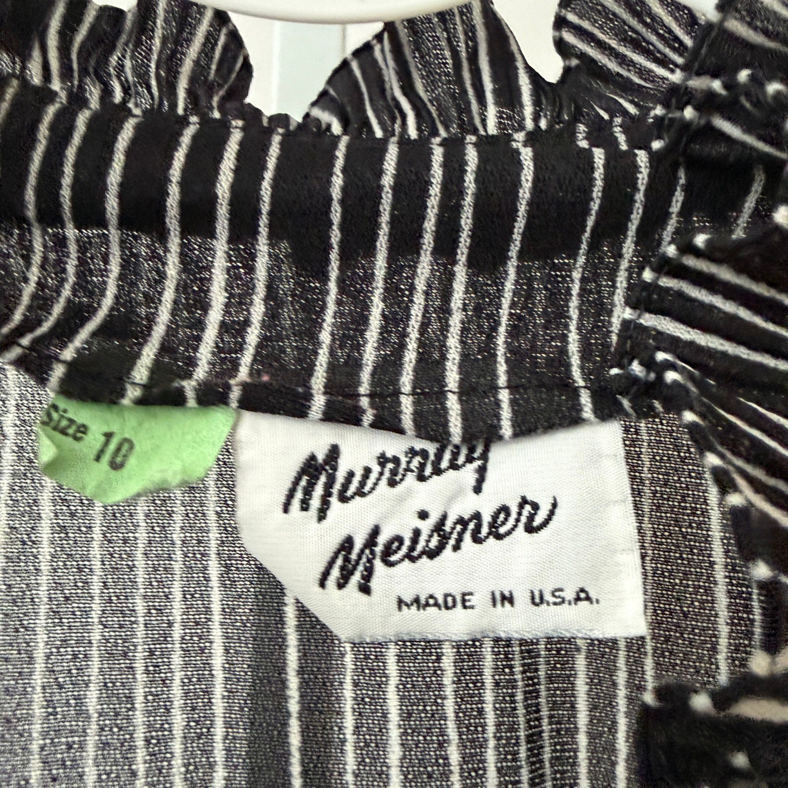 Murray Meisner 10 Black Sheer Stripe Floral Border Ruffle Neck Vintage Dress
