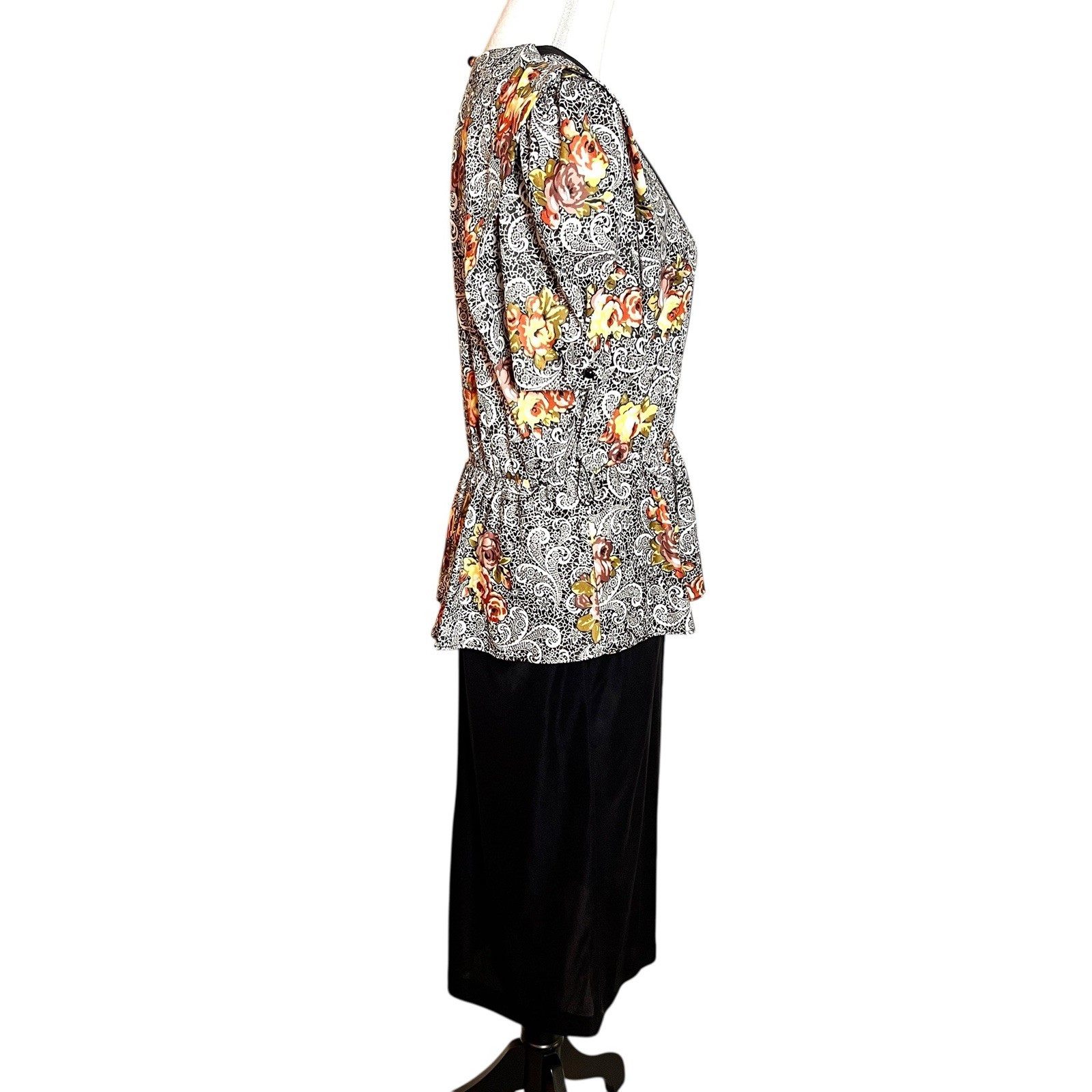 Vintage Jenny Floral Paisley Print Peplum Midi Dress Black Medium Made USA 90s