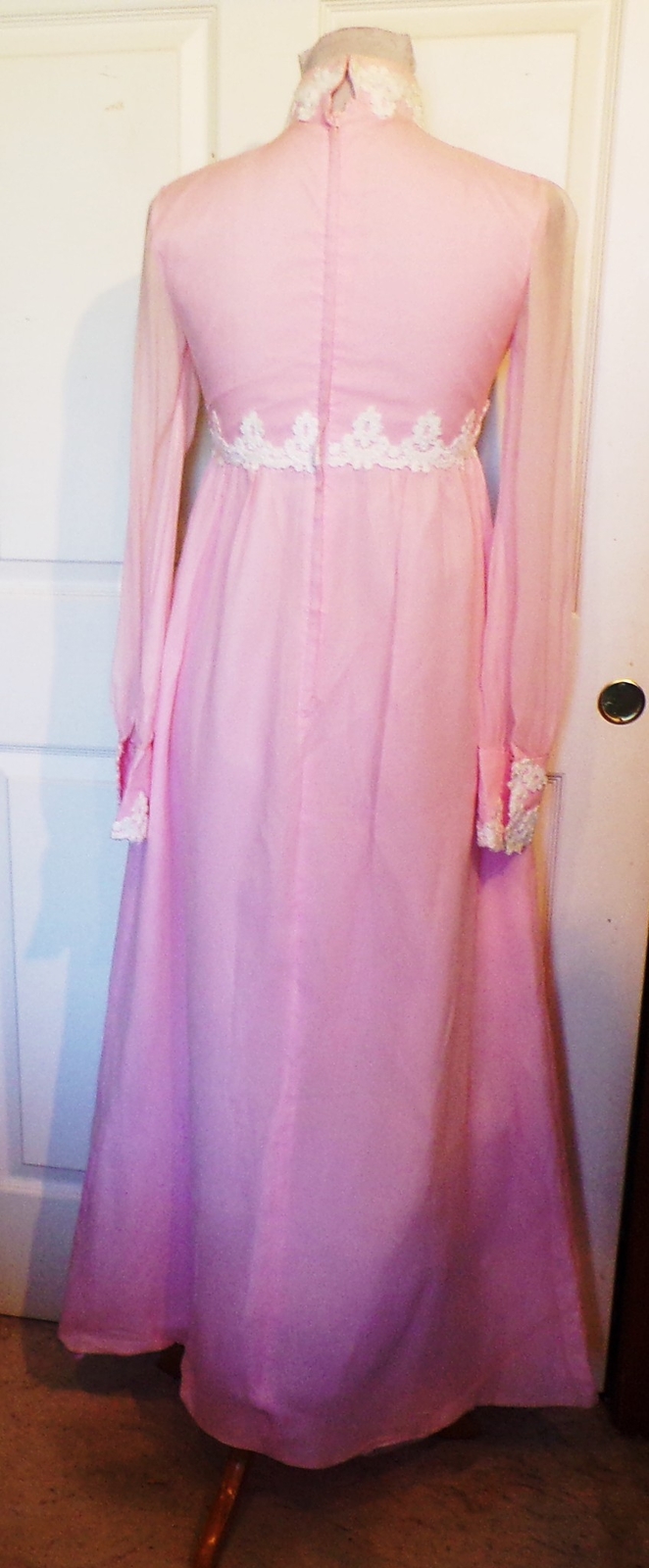 Vintage 60s Pink Chiffon White Lace Long Dress B34 Empire Waist