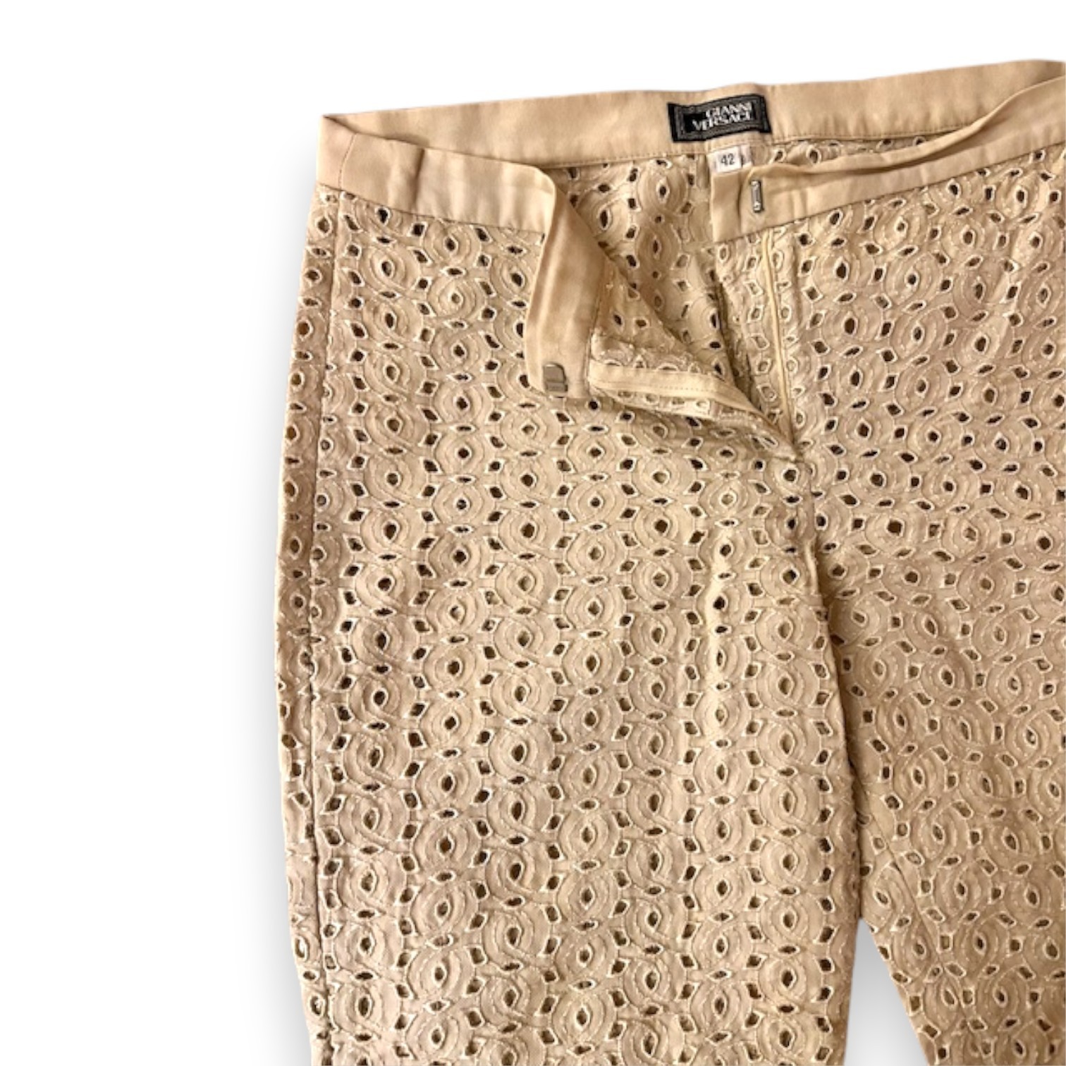 Gianni Versace Vintage Couture Ecru Unlined Lace Eyelet Pants Made in Italy Rare