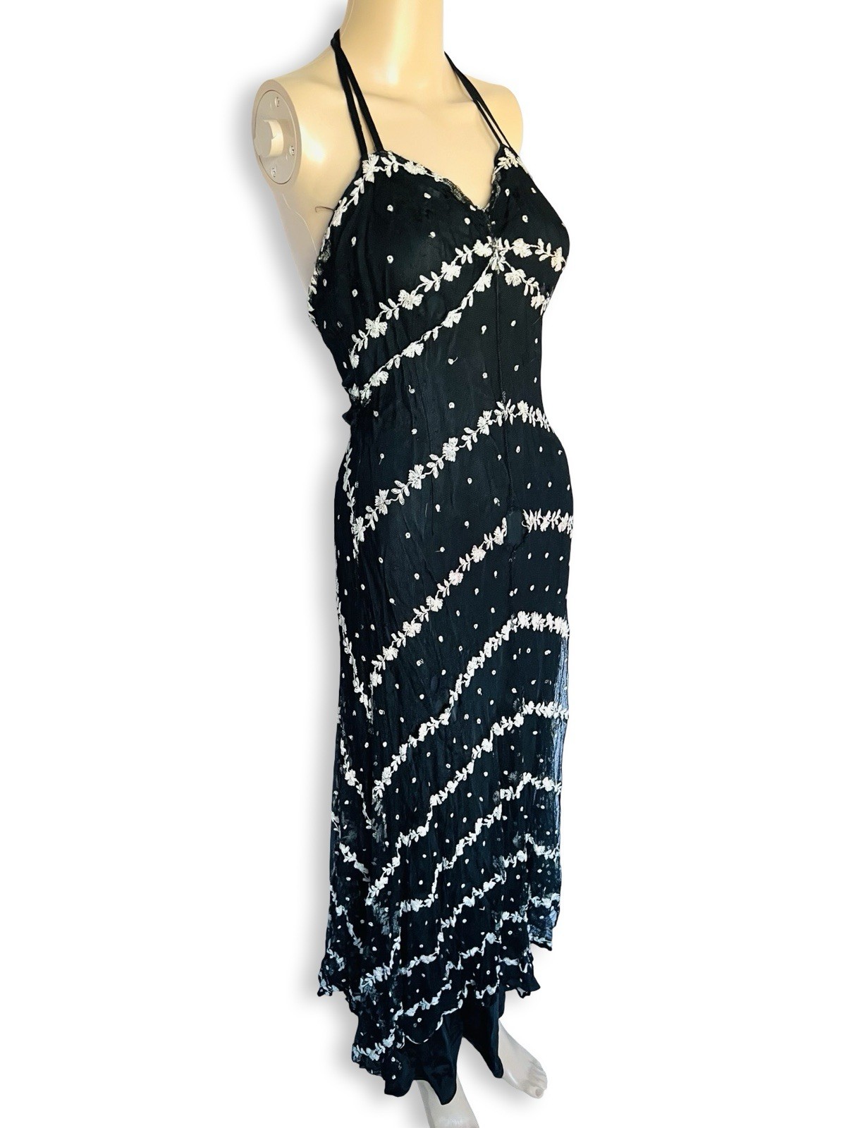 Vintage 1930s Black Mesh White Eyelet Lace Bias Cut Gown Dress Small XS As Is