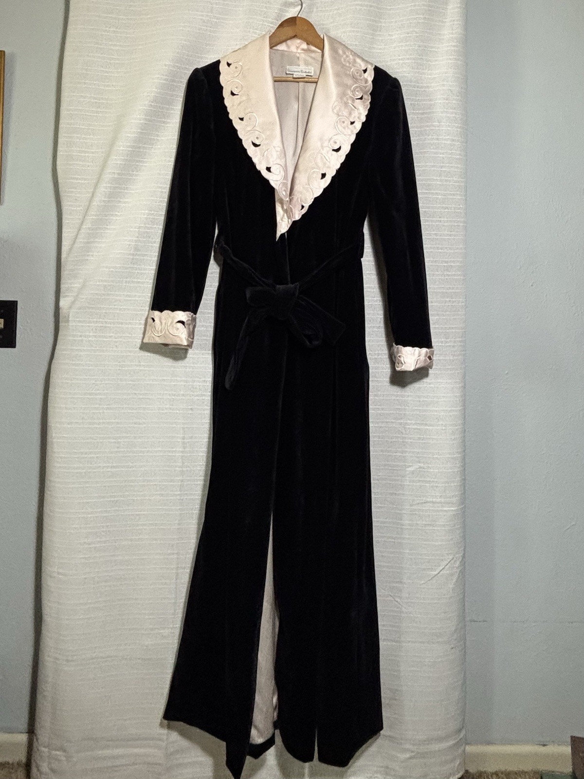 Vtg Georgette Trabolsi Velvet Robe Dressing Gown Arnel Pink Satin Cutwork Lg 50s