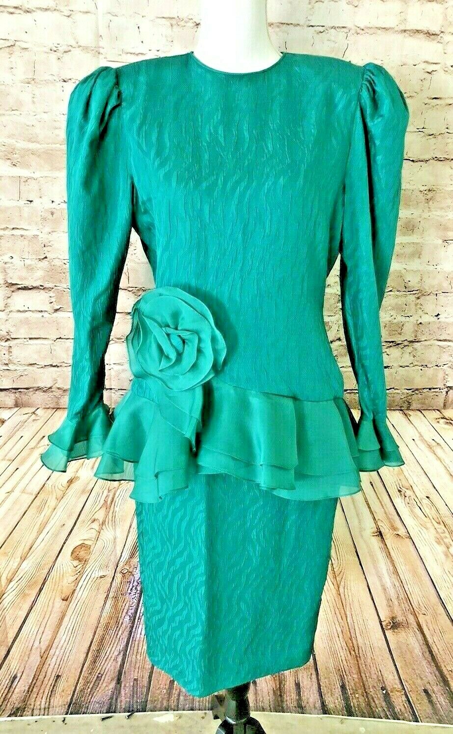 Vintage 80s Rina di Montella Emerald Green Silk Peplum Big Flower DYNASTY Dress