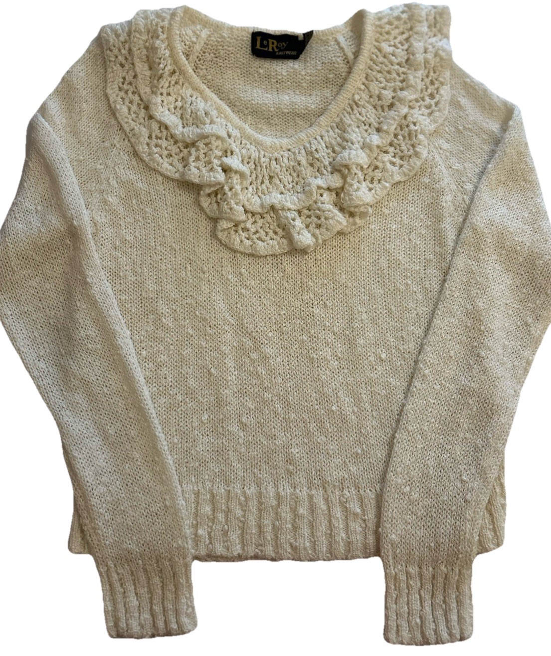 Vtg 80s LeRoy knitwear Ivory Sweater Sz Small Ruffle Crochet Cottagecore Frilly