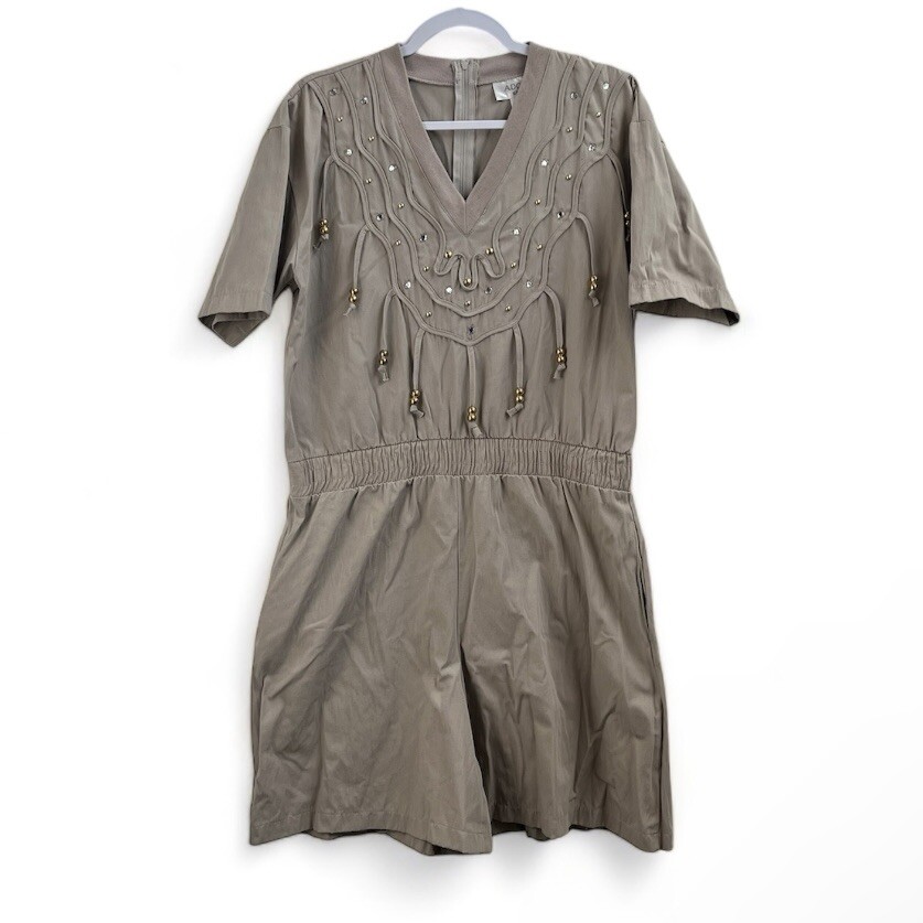 Vintage 80’s Adolfo Sport Khaki Romper Elastic Waist Beading/Studs/Rhinestones