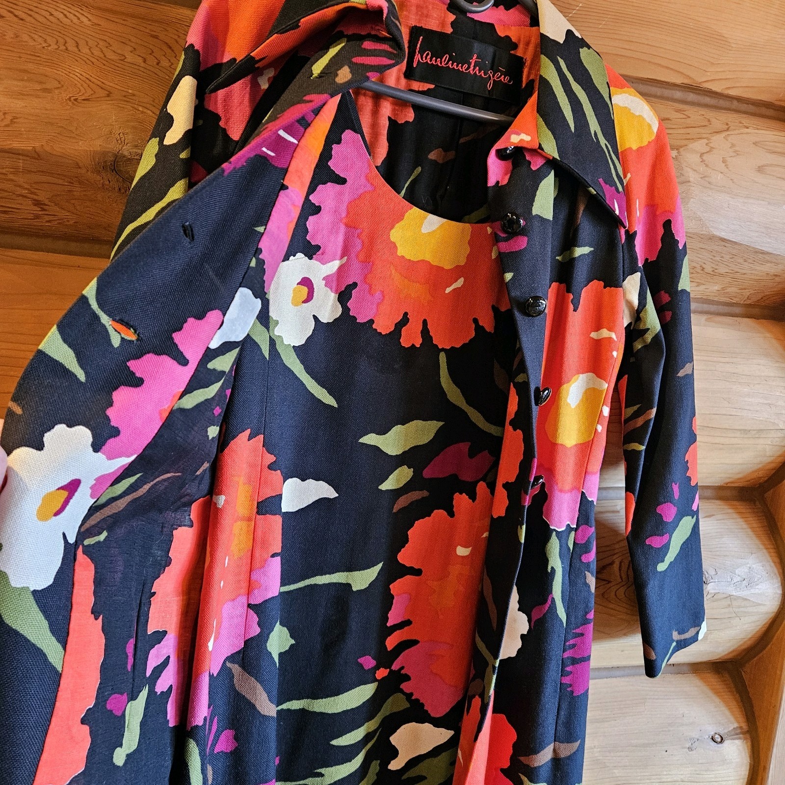 VINTAGE PAULINE TRIGERE MATCHING JACKET AND DRESS BLACK BRIGHT FLORAL SIZE 12