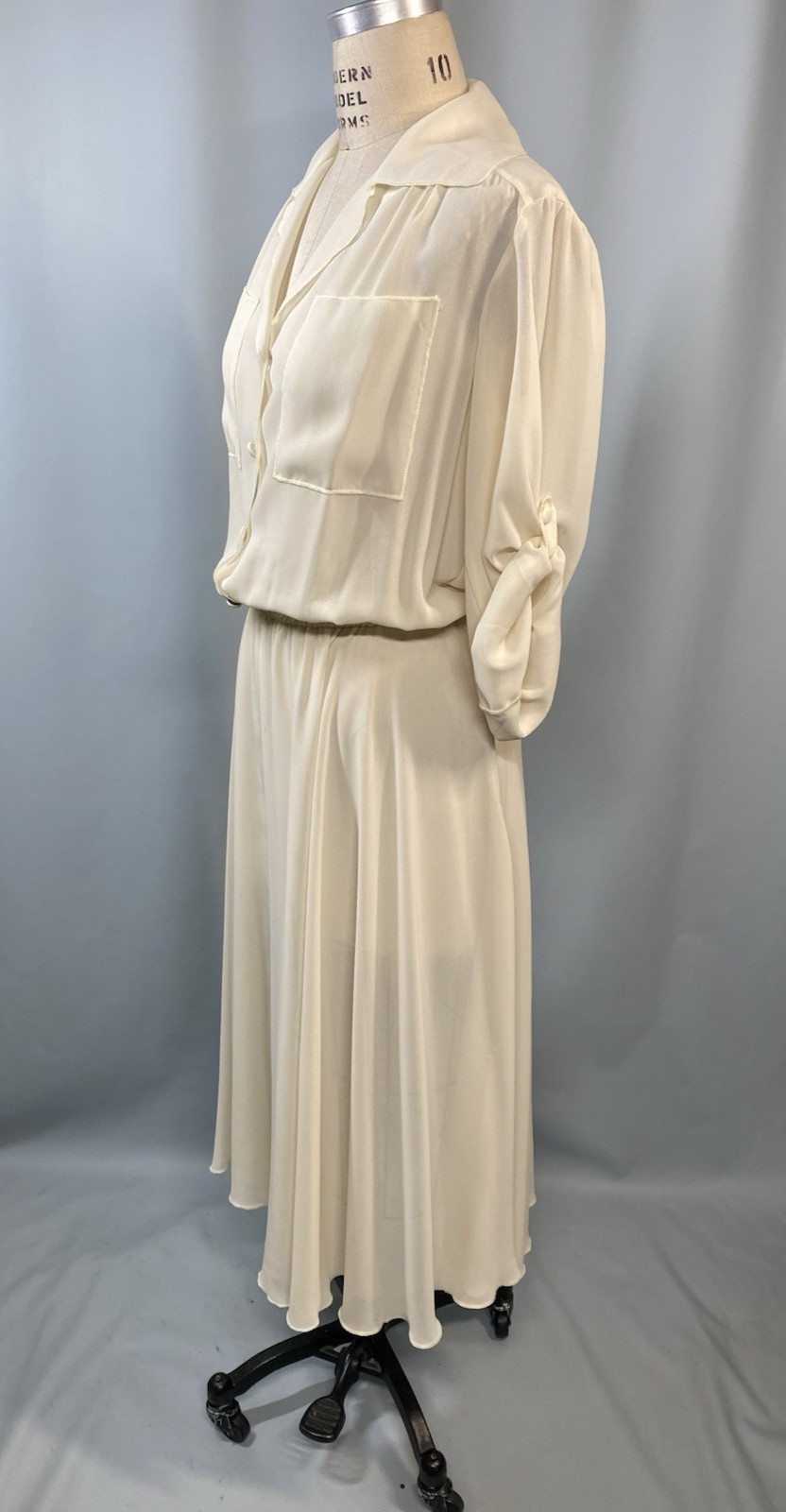 Vintage Dress SIZE 11/12 LARGE ivory white georgette chiffon DIDA 70s 80s sheer