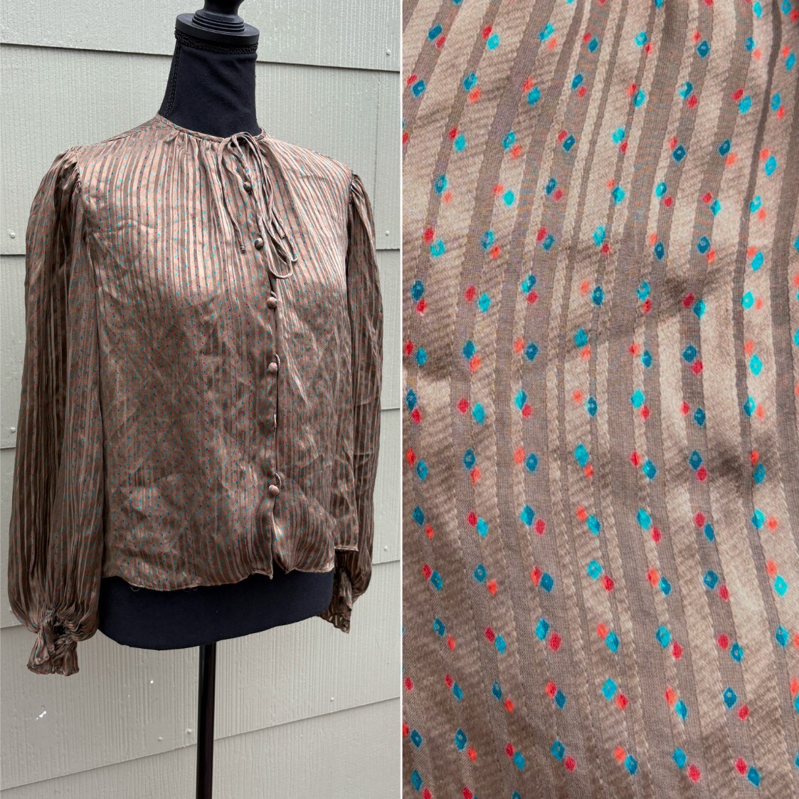 vtg WILROY TRAVELER 70s Silk Boho Earthy Brown Confetti Flecked Billowy Blouse