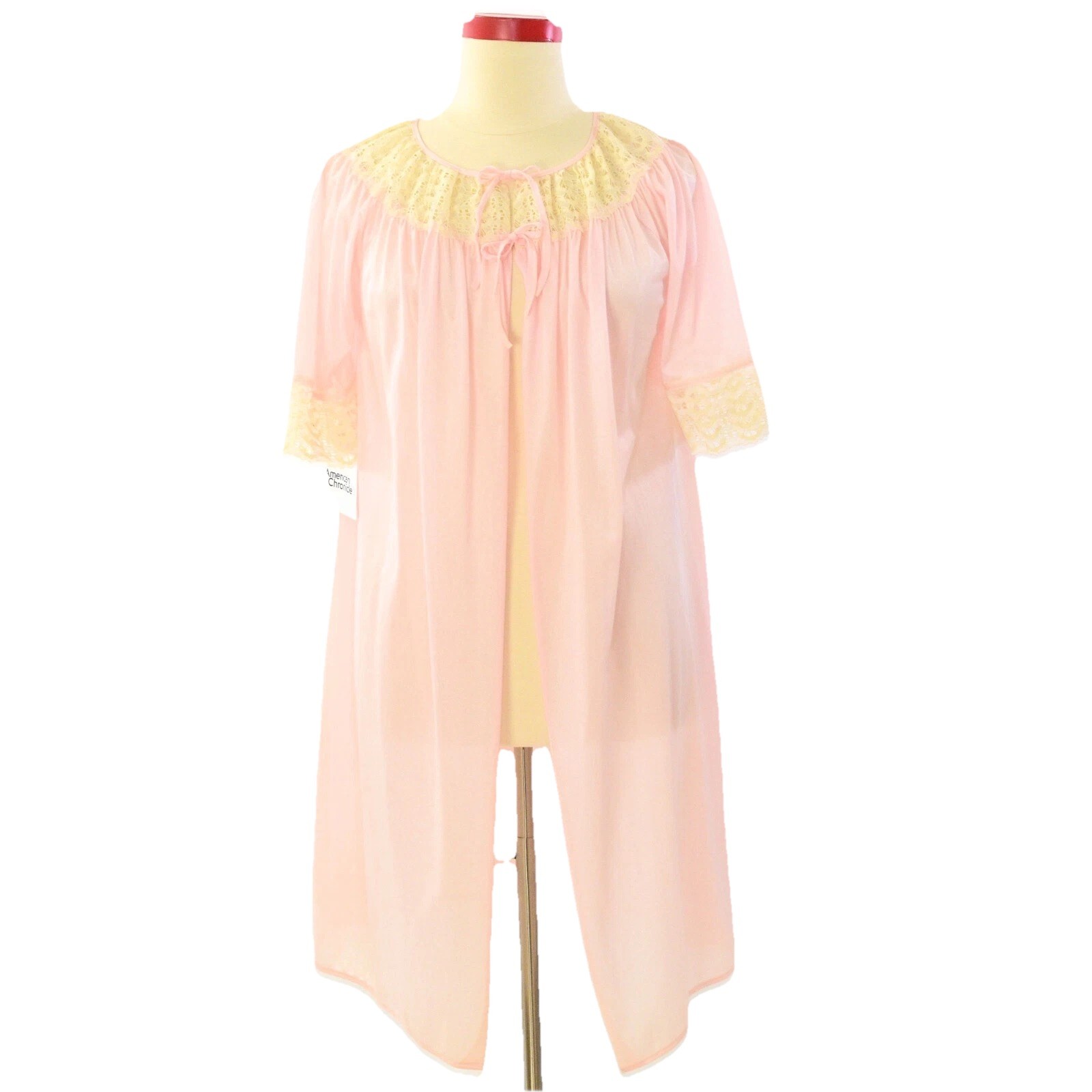 60s Vintage Robe Women’s Size XL Pink & Ivory Sheer Lace Front Tie Round Neck
