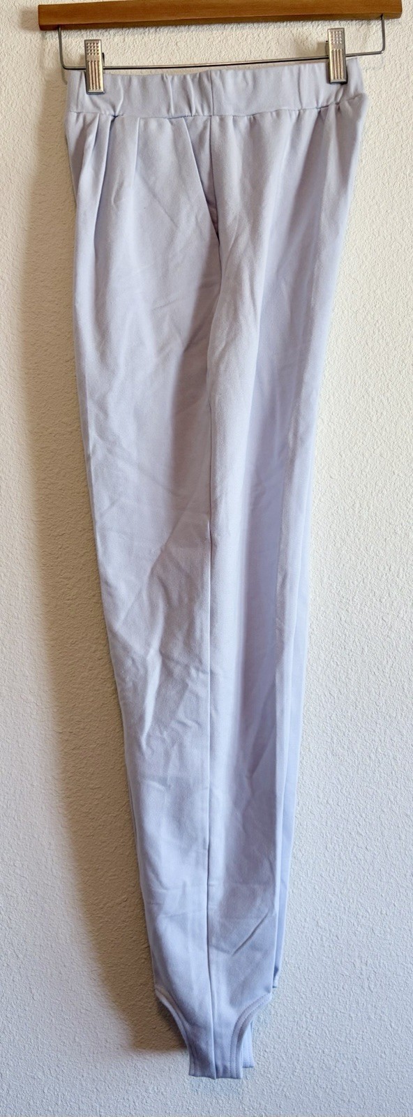 VTG 80s Pastel Blue stretch Stirrup Pants, Pull on, High rise Pleated, Pockets S