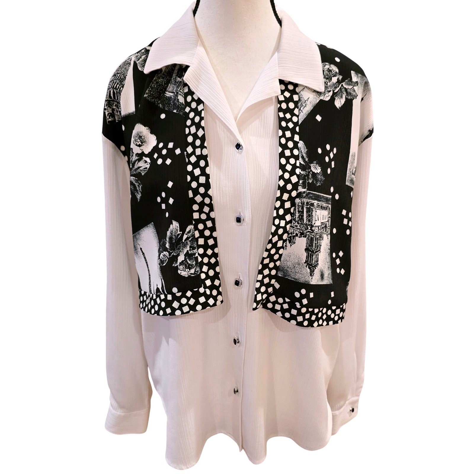 Vintage 90s G.W. Division Of Grace Novelty Print Crinkle Blouse Artsy Large