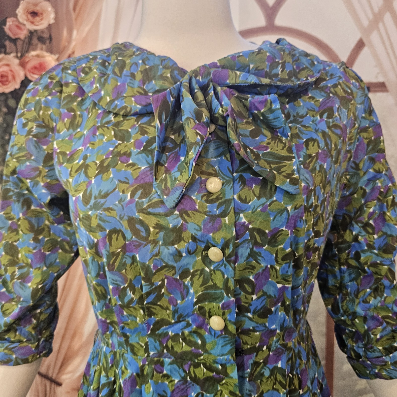 Vintage 1960’s Dress Blue Green Purple Floral Rounded Collar Necktie Retro