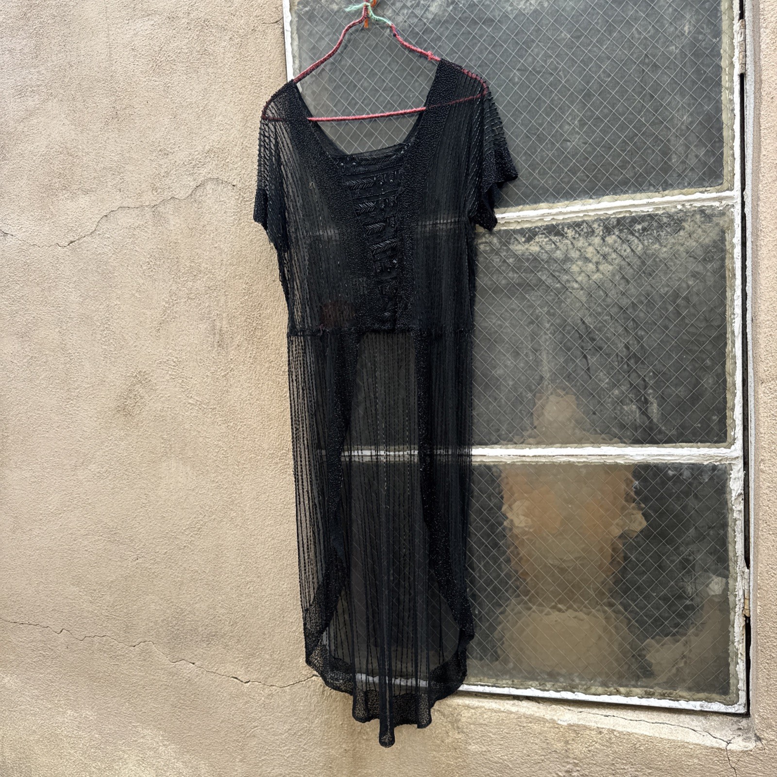 Antique 1920s Black Net Heavily Beaded Dress Train Short in Front Floral Vintage
