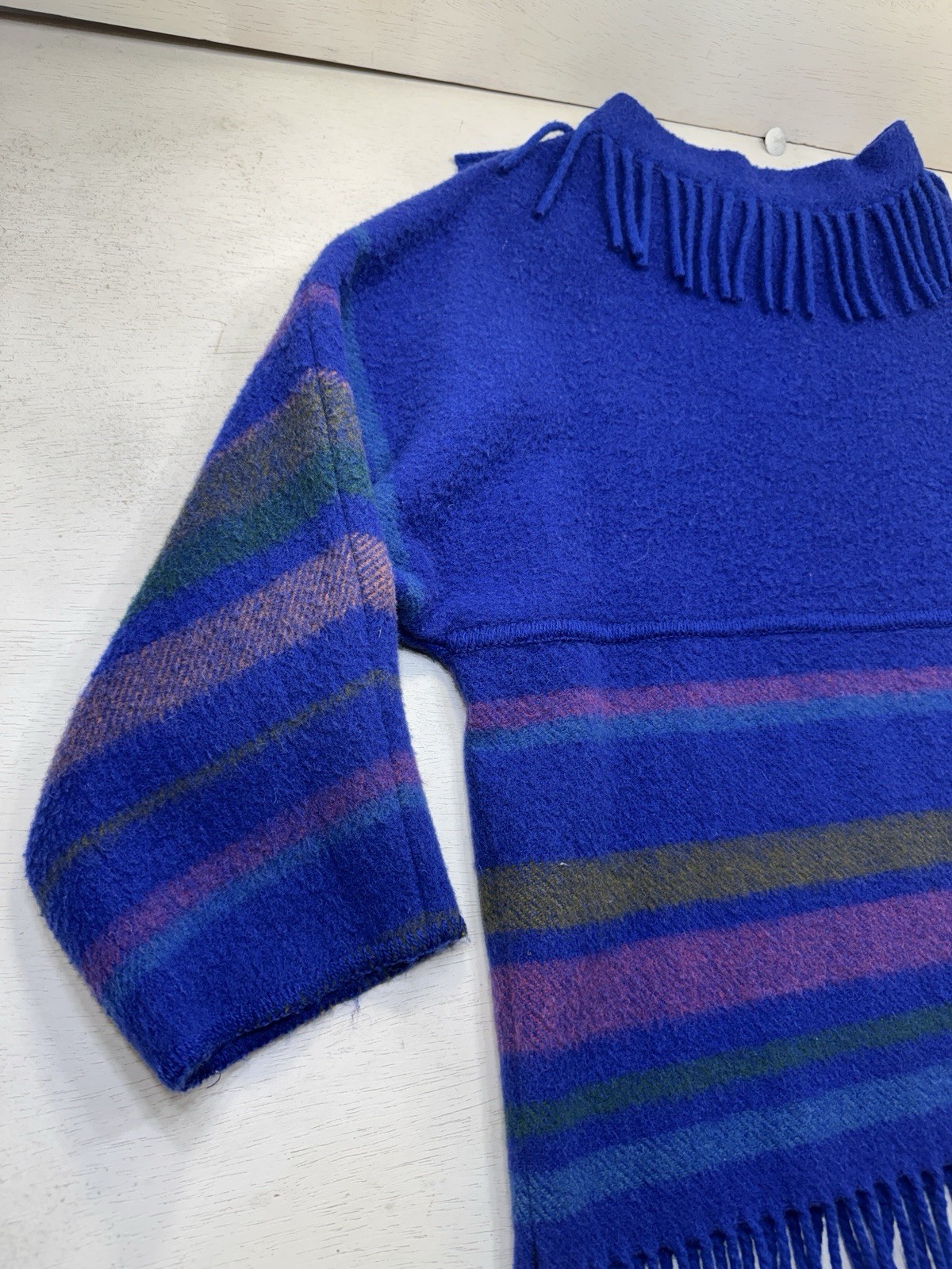 Vintage Lapp Lander Fringed Blanket Sweater Blue 100% Wool Norway 40