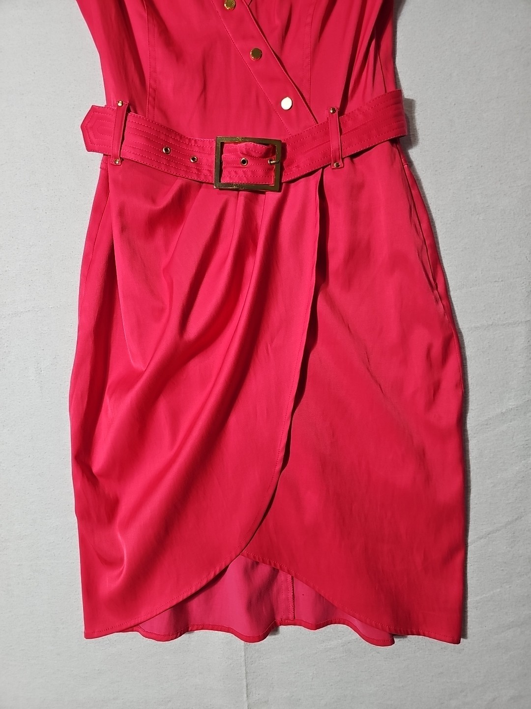 Vtg 90s/Y2K CACHE Dress 8 Pink Belted V Neck Short Sleeve Faux Wrap Gold Button
