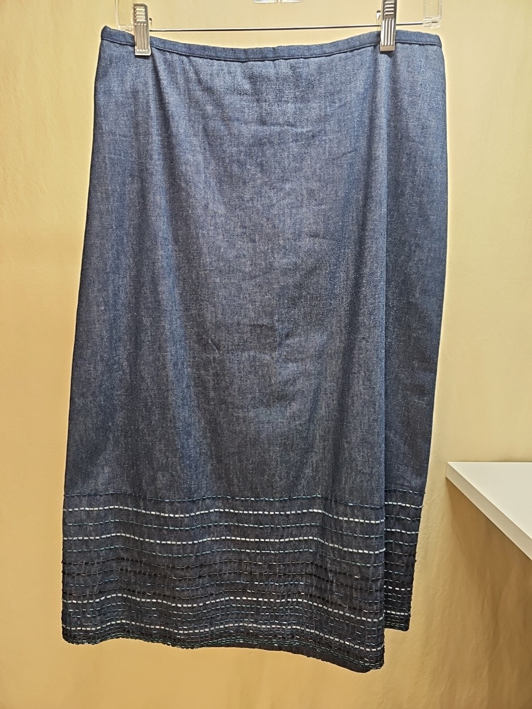 Vtg Y2K French Connection Denim Midi Skirt Beaded Trim Mid Blue Size 8