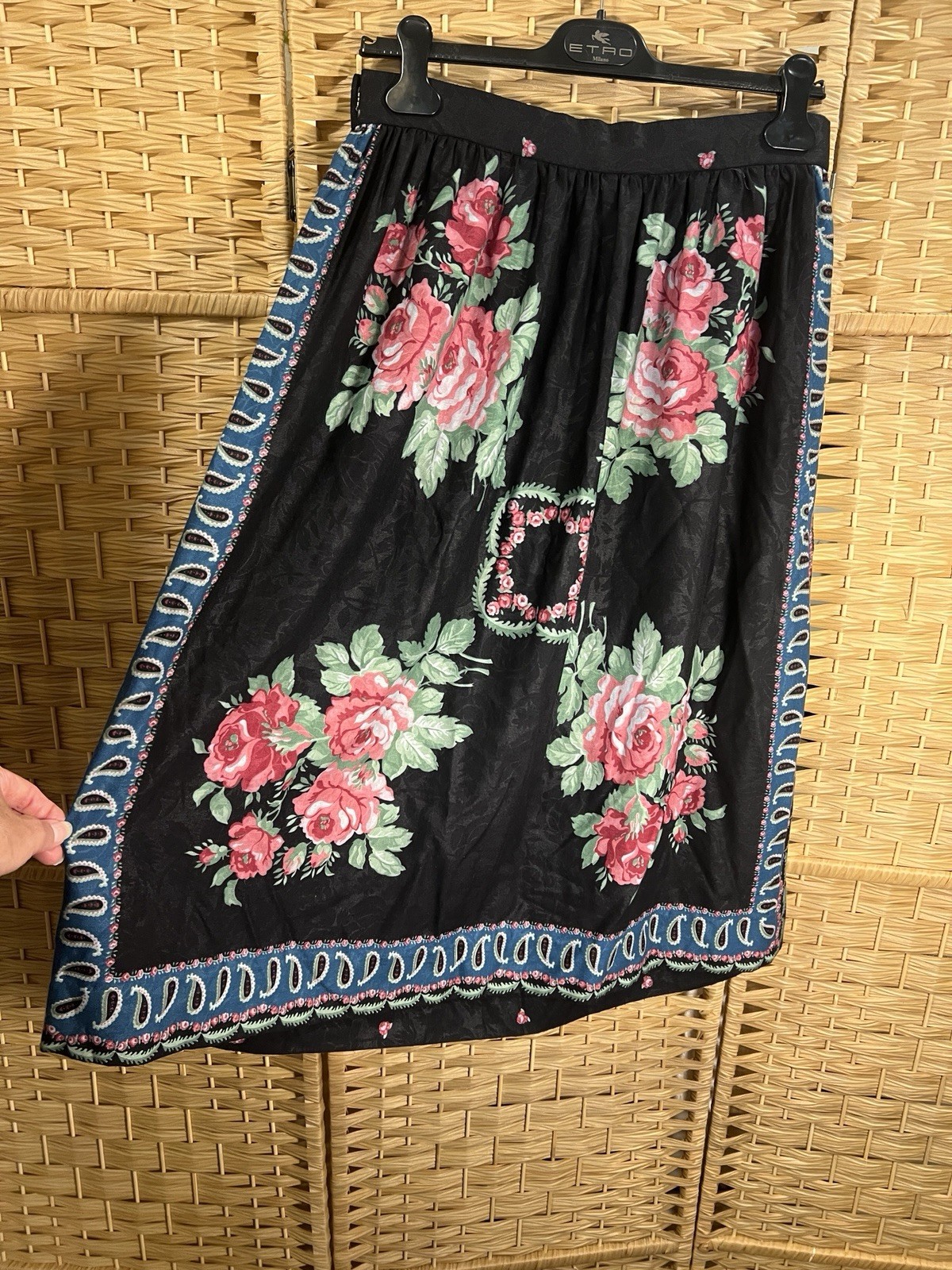 VTG Black Pink Rose Floral Paisley Print European Folk Cottage Core Boho Skirt M