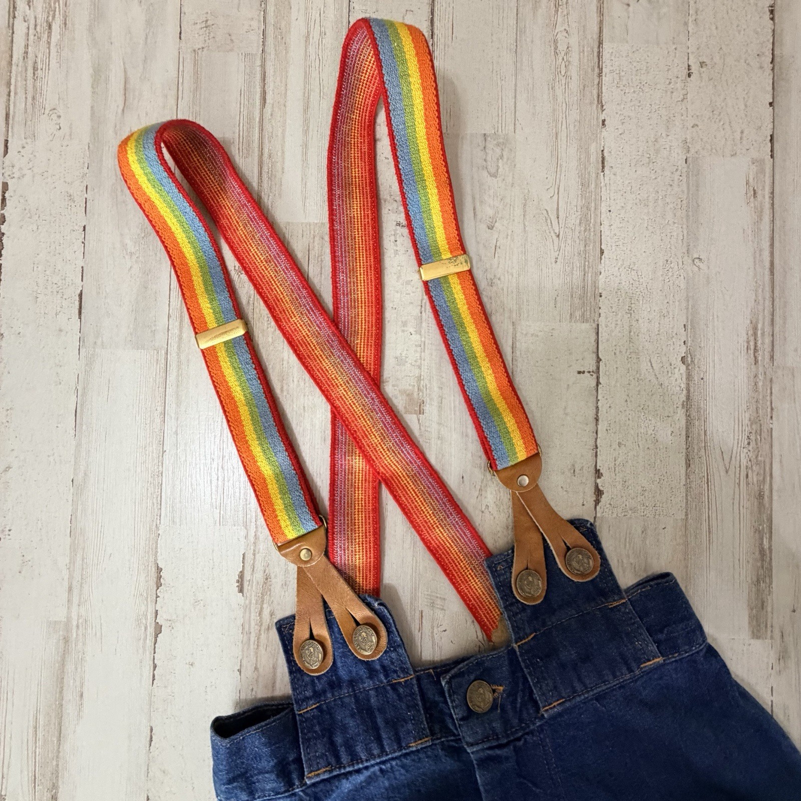 Rumble Seats Rainbow Overalls VINTAGE Size 2 27×34 Tall Denim Retro Festival