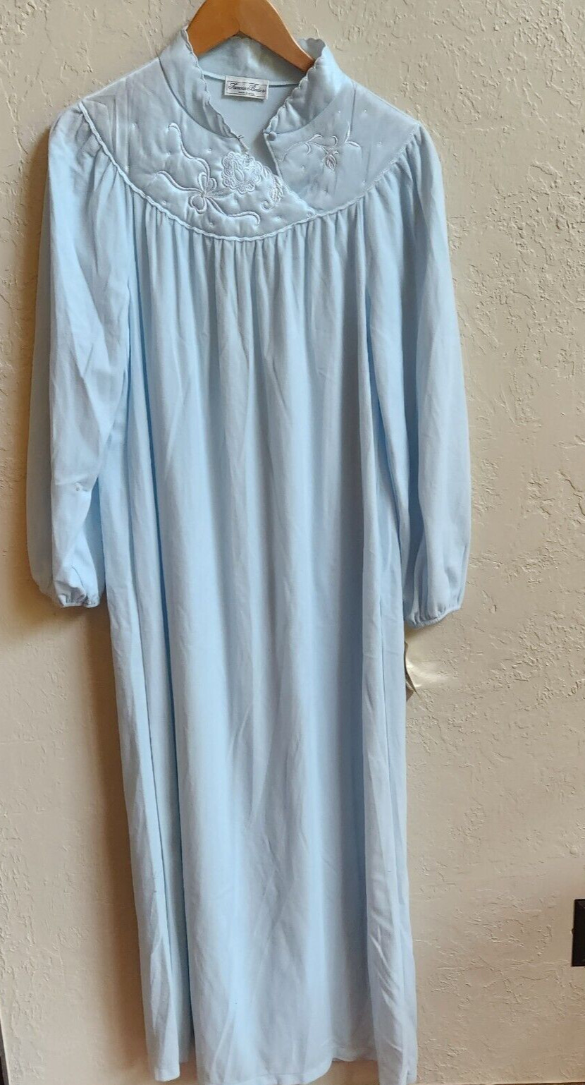 Vtg Famous Bodies Long Nightgown L Soft Blue Nylon Embroidery Sears Roebuck USA