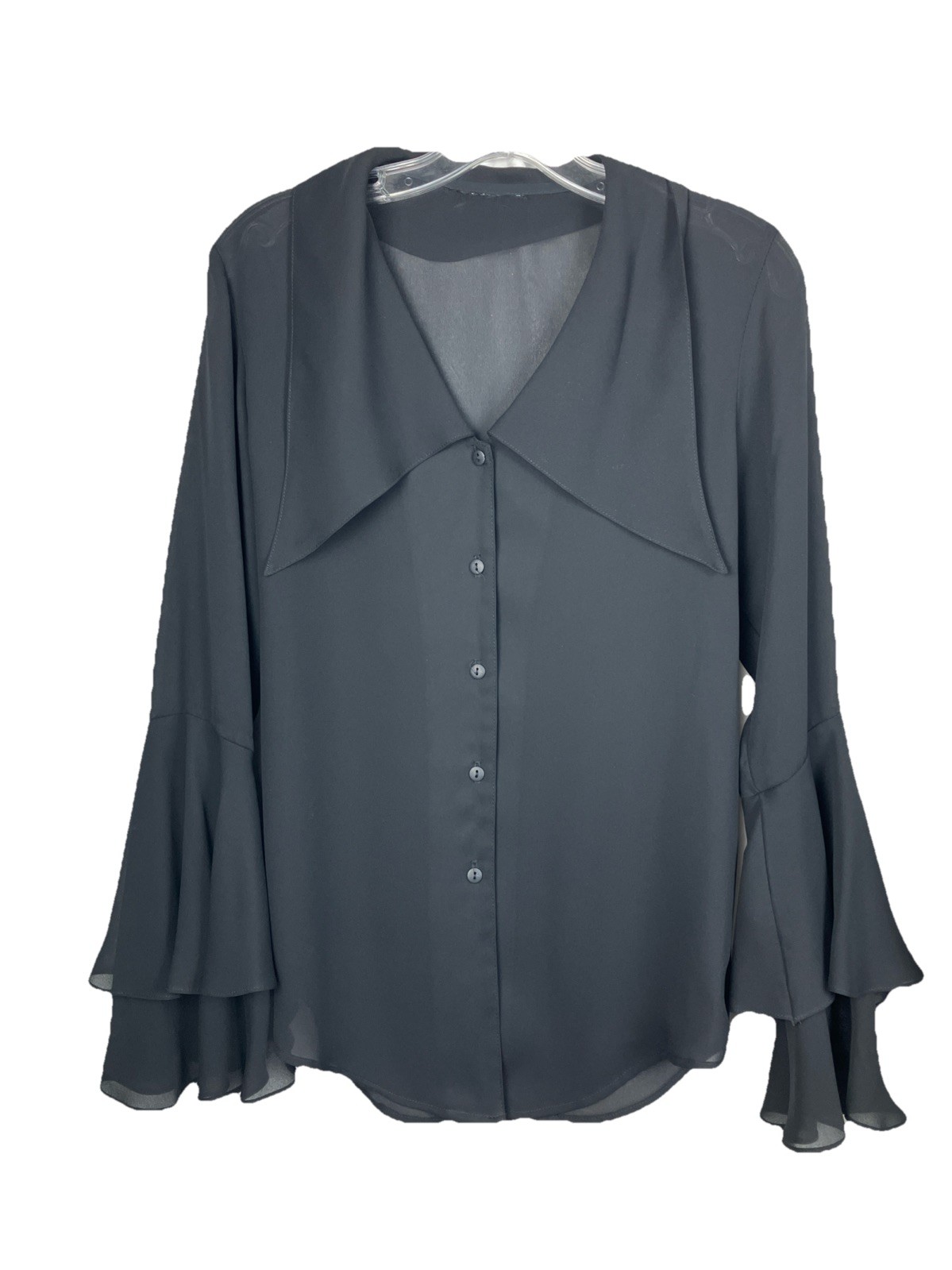 Vintage 90s Y2K Goth Poet Gypsy Pirate Gauze Blouse Top Ruffle Sleeve Black