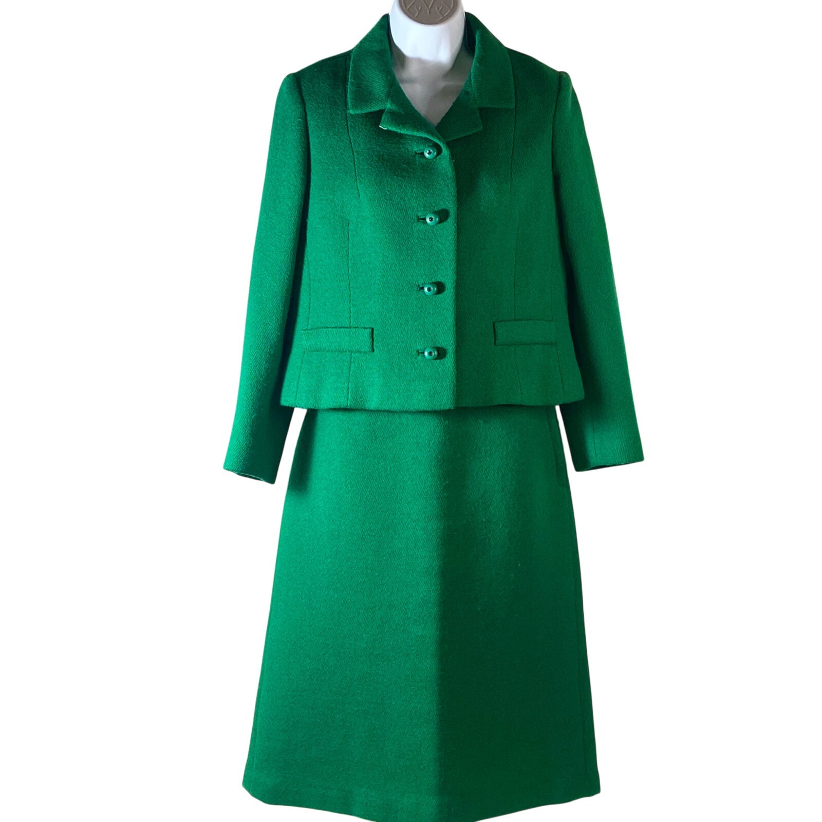 Vintage 60s Kelly Green Womens Suit Jacket Skirt Small Frank Gallant Classic