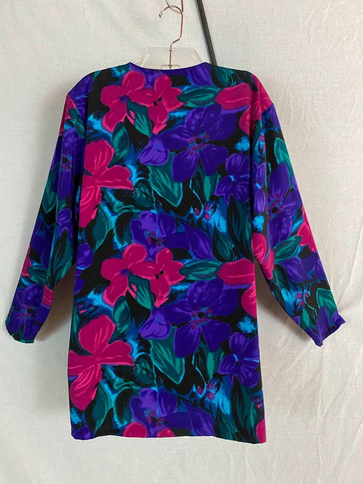 Vtg 80s S G Sport Jacket Top Floral Black Purple Magenta Blue Green Belted USA L