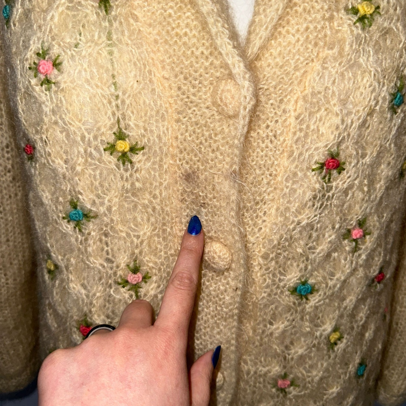 Vintage 1960s Cyn Les Cardigan Mohair Wool Cream Rose Knit Sweater Coquette S/M