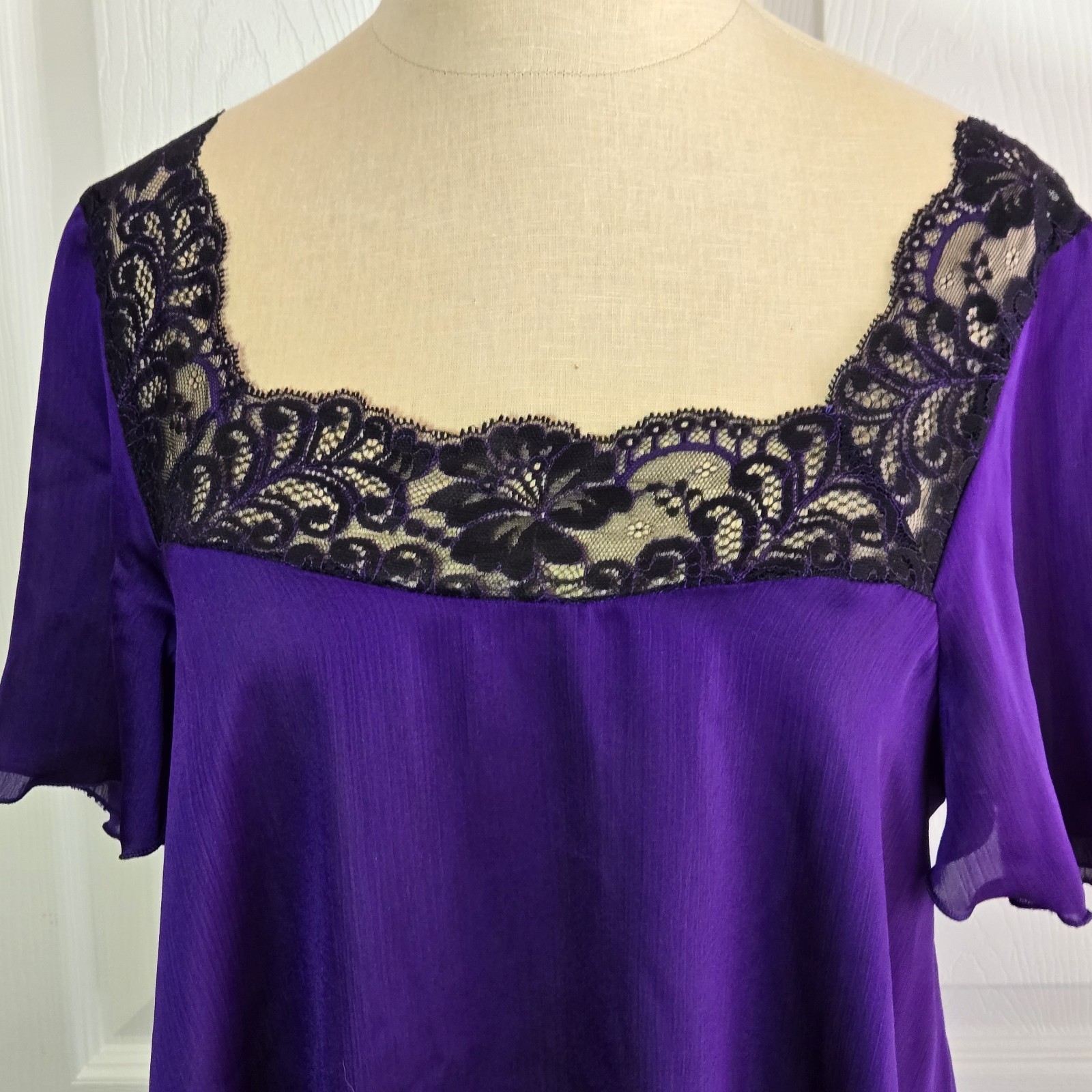 Shirley Of Hollywood Vtg One Size Purple Black Nightgown Nightie Lace Lingerie