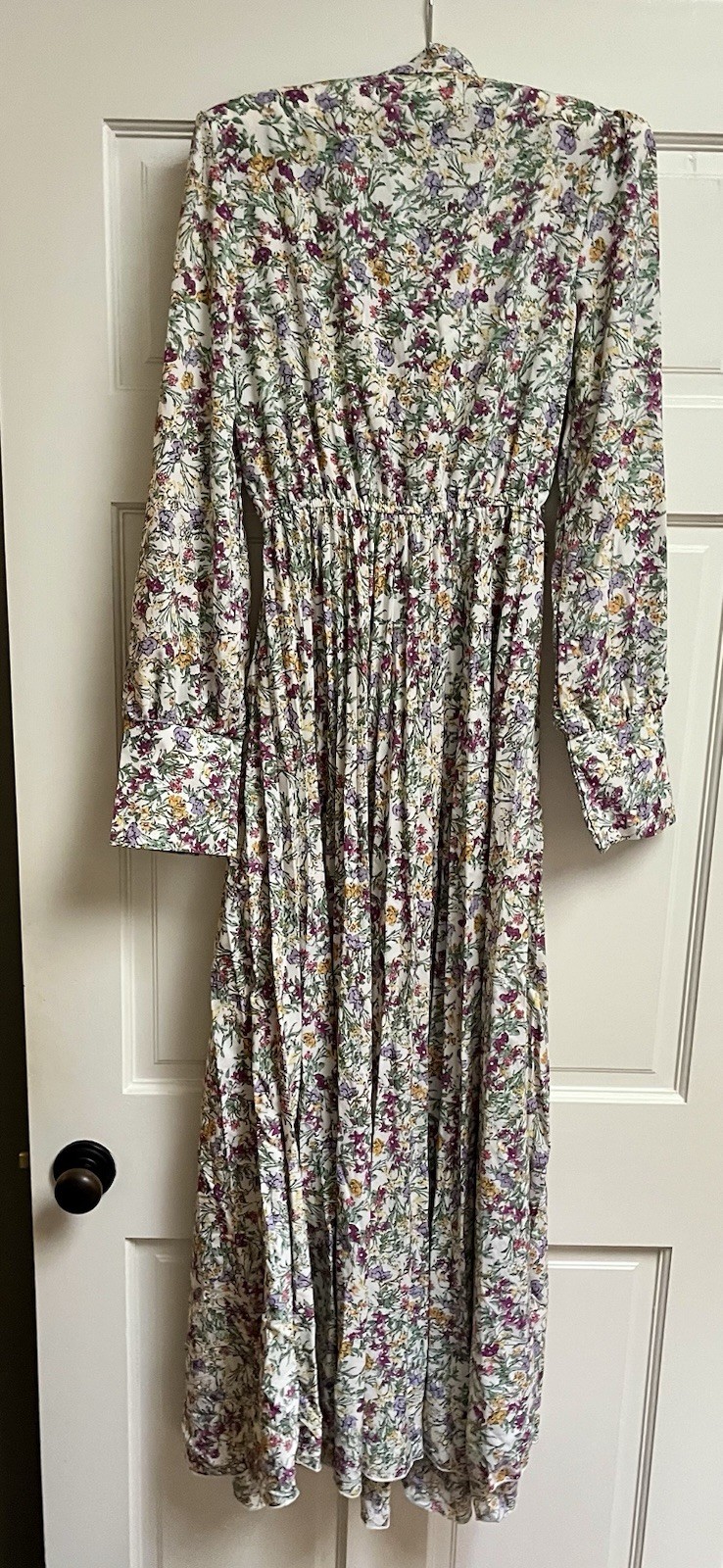 Vtg Prairie Dress Maxi Elastic Waist Bow Tie Neckline-Flowy Flowery Pleats-S/M
