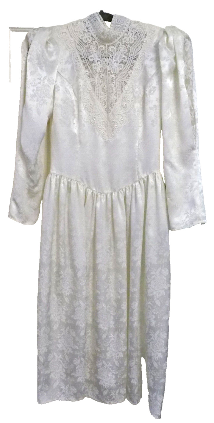 Vtg Scott McClintock Ivory Lace Satin Wedding Dress High Neck Puff Long Sleeve M