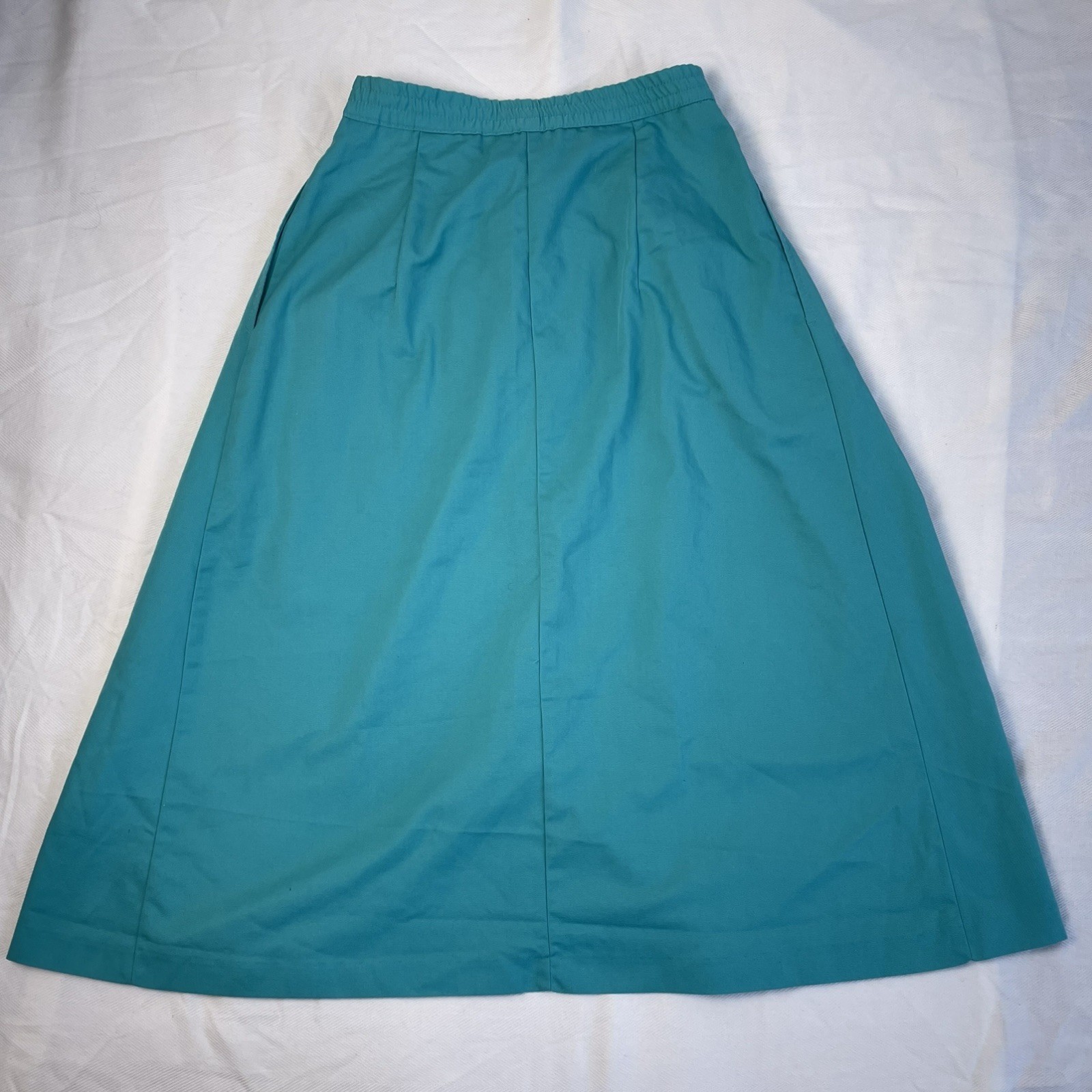 Vintage 80s XS Teal Button Front Midi Skirt High Rise A-Line Turquoise Preppy
