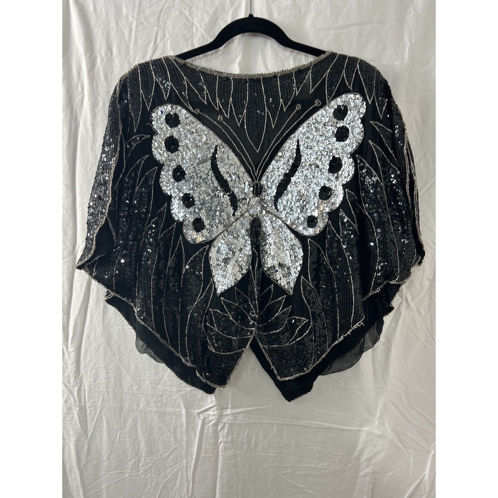 Vintage Butterfly Sequin Silk Top OS Black Silver Beaded Glam Art Deco Gatsby