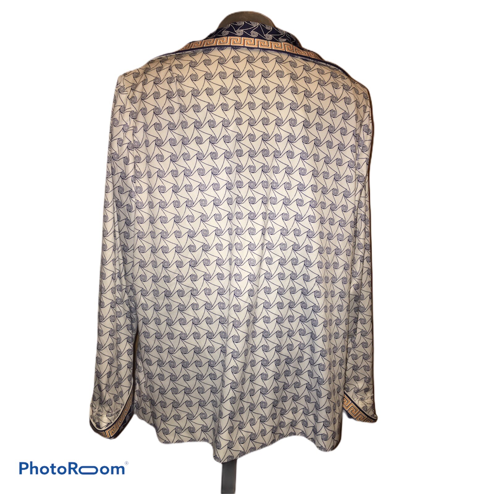 Vtg 70s Leslie Pomer Mod poly Groovy L Jacket Abstract Geometric White Blue