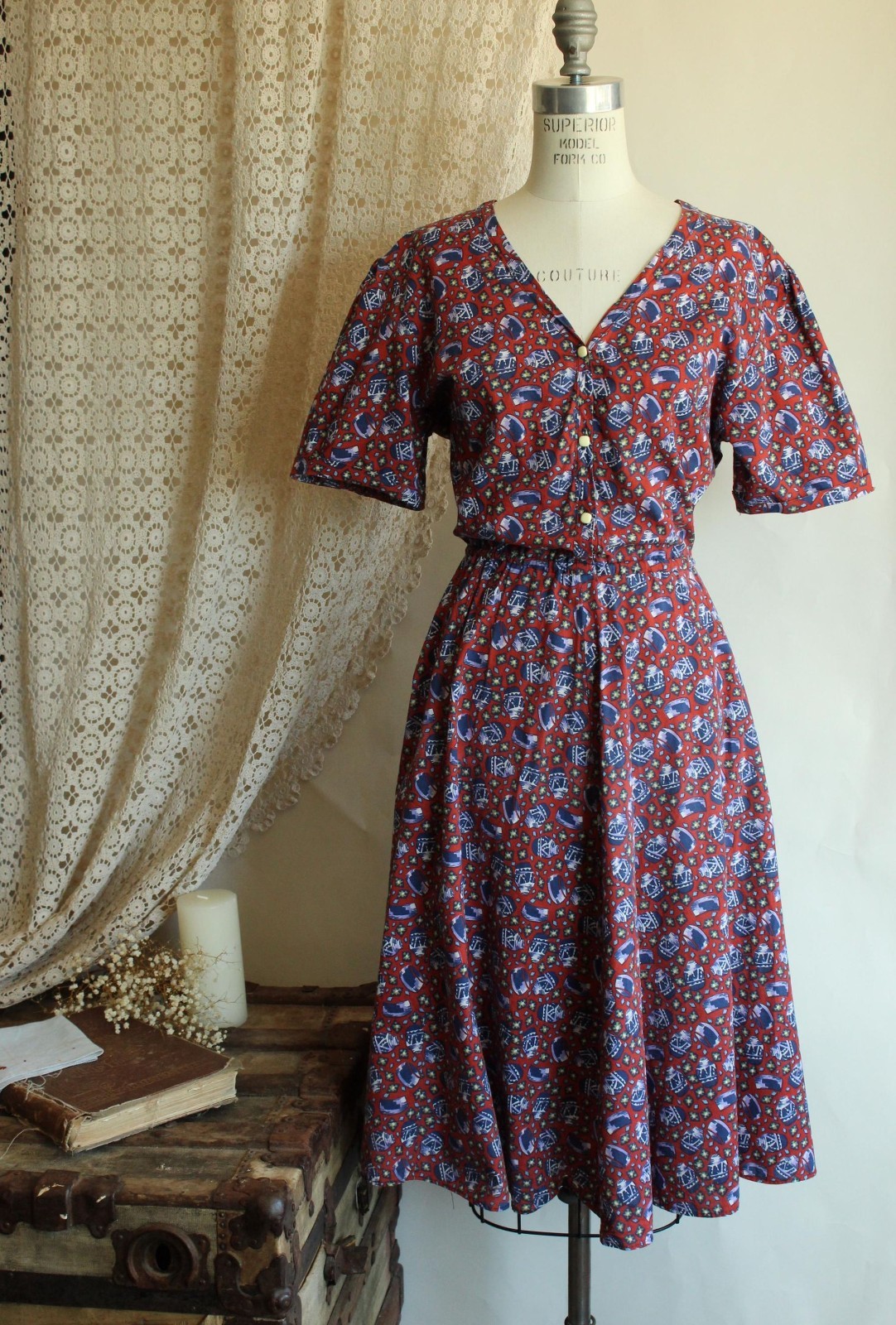Vintage 1980’s Shirtwaist Dress, Volup 1950s Style Ginger Jar Novelty Print Midi