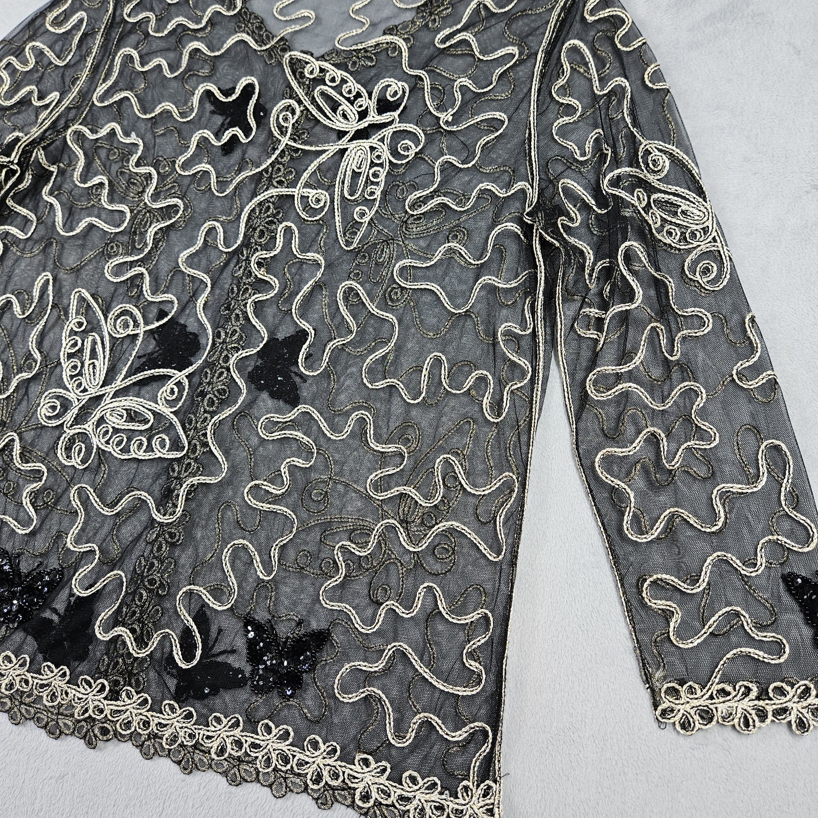 VTG Womens Butterfly 3D Embroidered Sheer Mesh Cardigan Shirt Black Gold No Tag